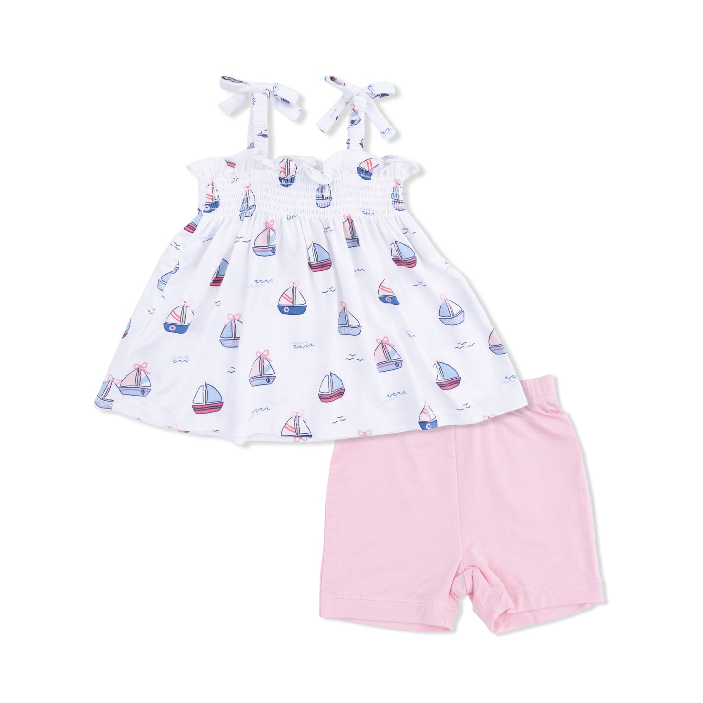 Bubbly Sailboats Pink - Smocked Top & Bike Short-Angel Dear