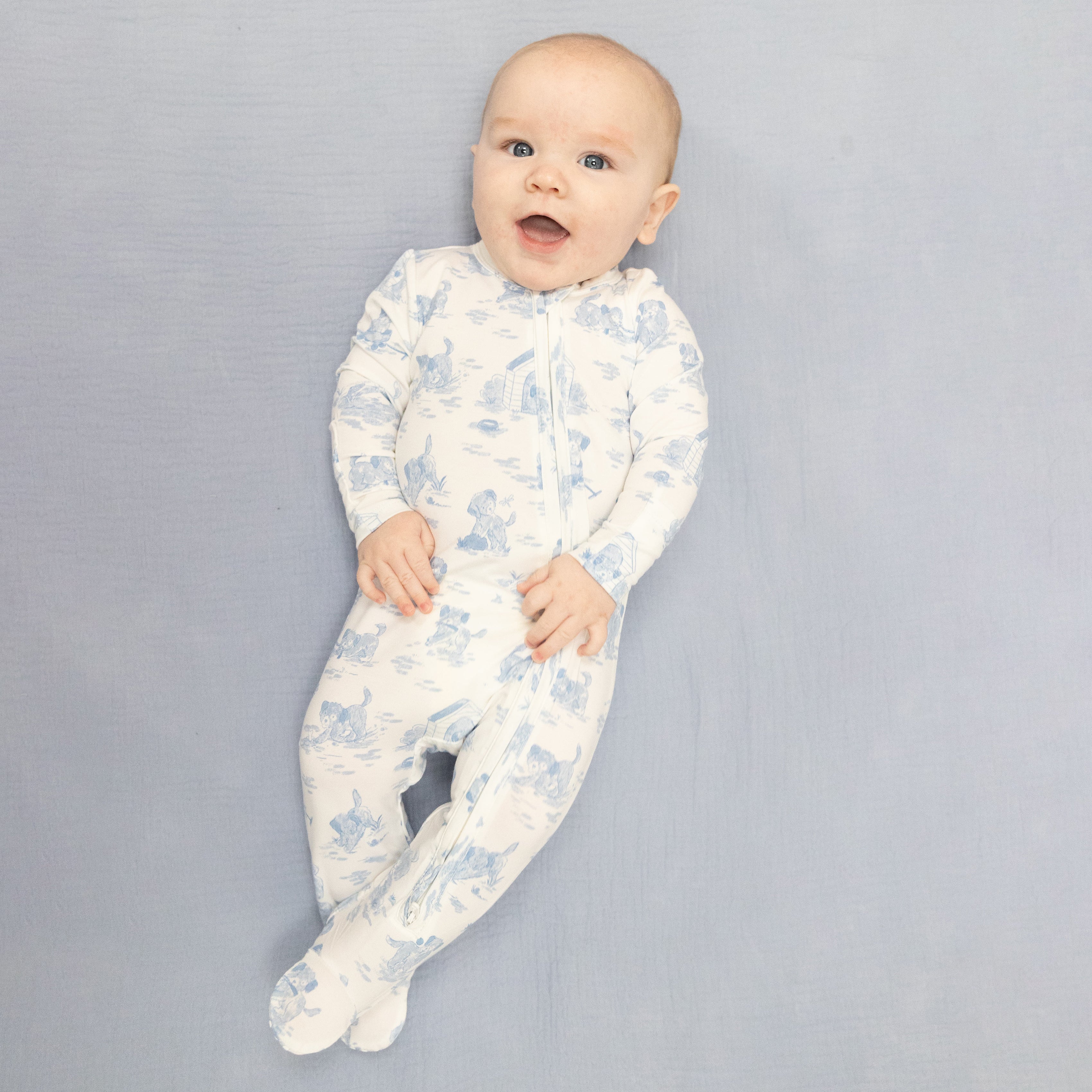 Puppy Toile Blue - 2 Way Zipper Footie – Angel Dear