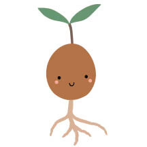 illustration potato smiling with leaves on head and root like feet