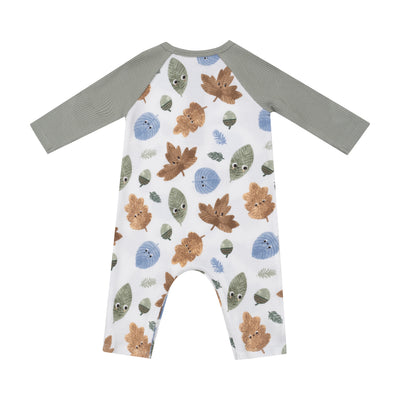 L/S Raglan Henley Romper - Cuddly Leaves