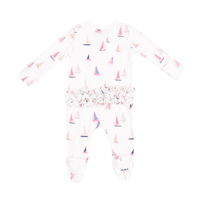 2 Way Zipper Ruffle Back Footie - Sailboats Pink