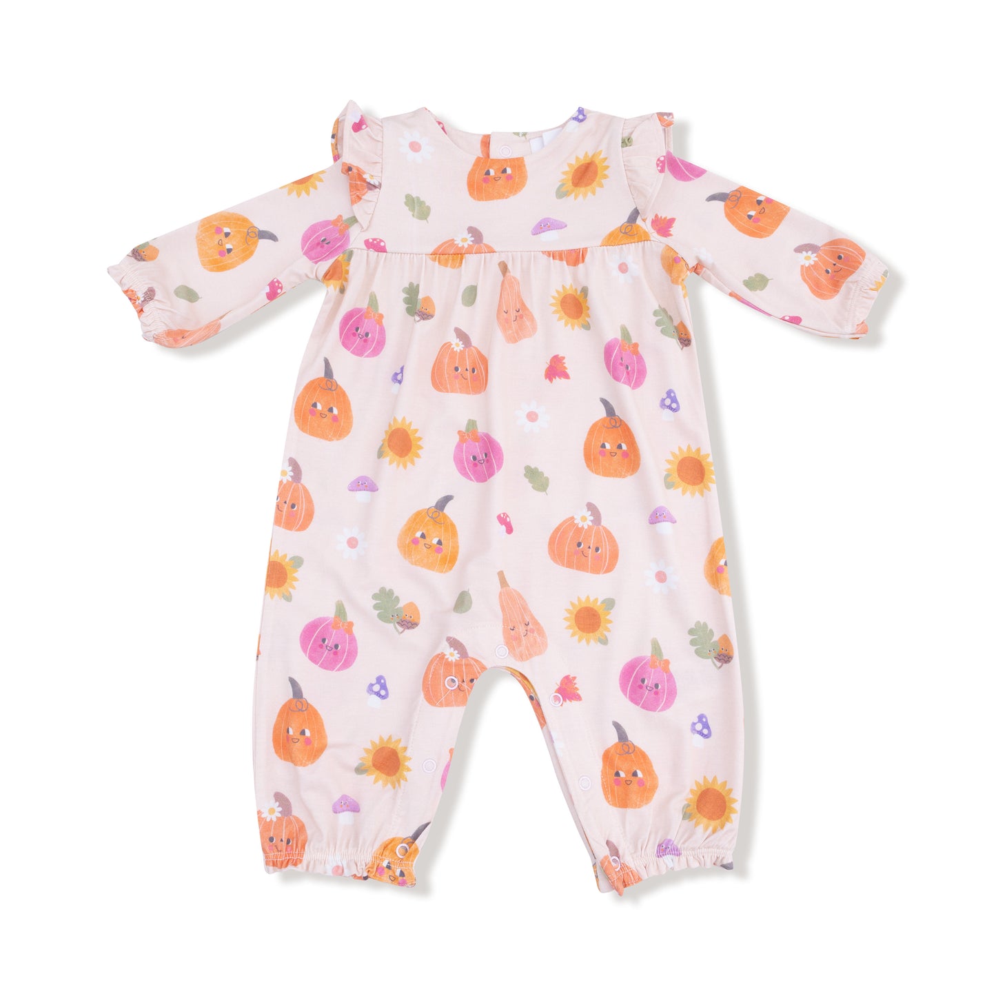 Ruffle Sleeve Romper in our  Autumn Pumpkins - Pink print from Angel Dear