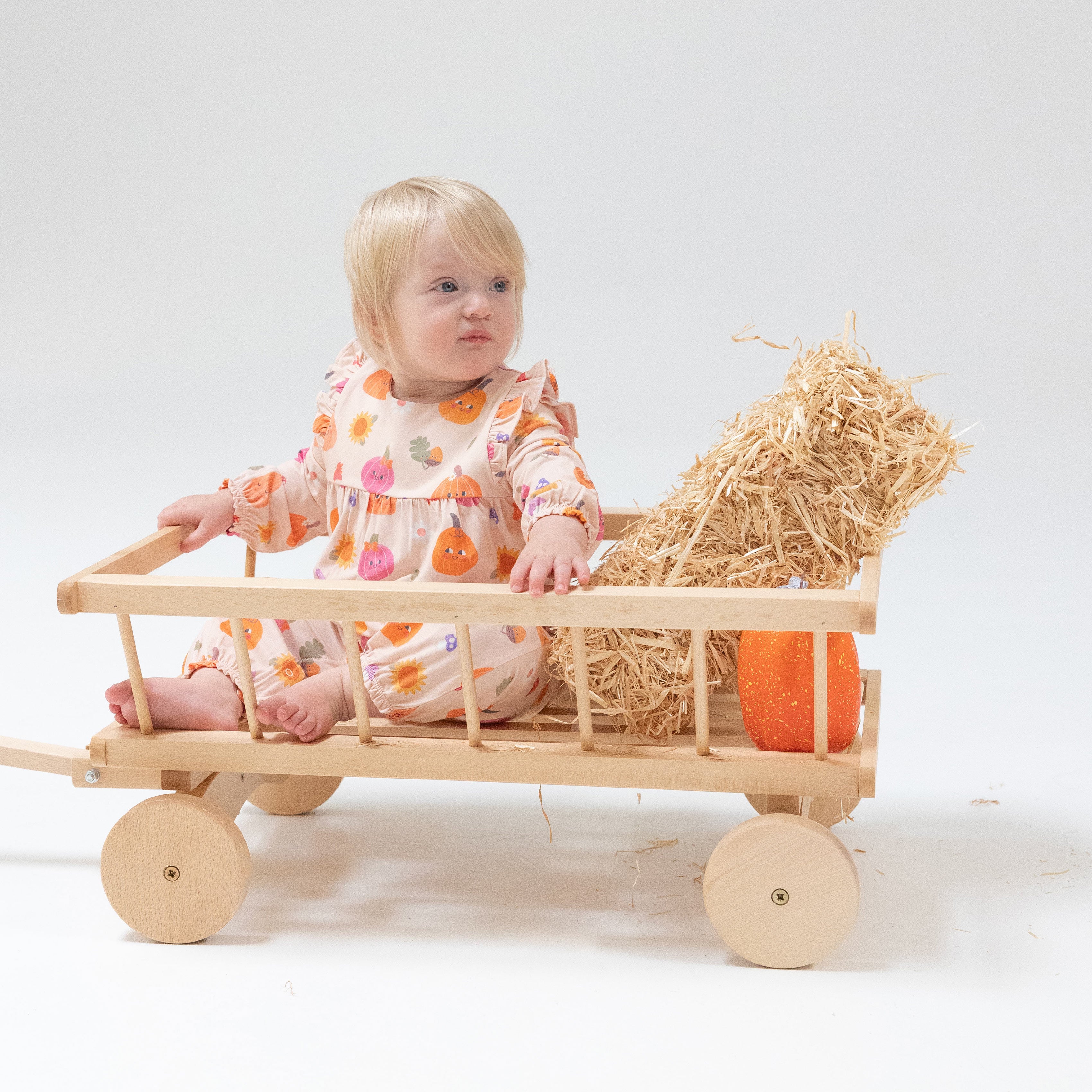 Ruffle Sleeve Romper in our  Autumn Pumpkins - Pink print from Angel Dear