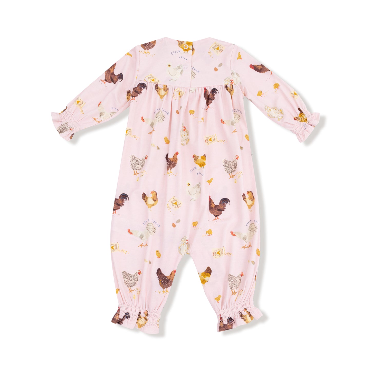 Ruffle Sleeve Romper in our  Collector Chickens - Pink print from Angel Dear