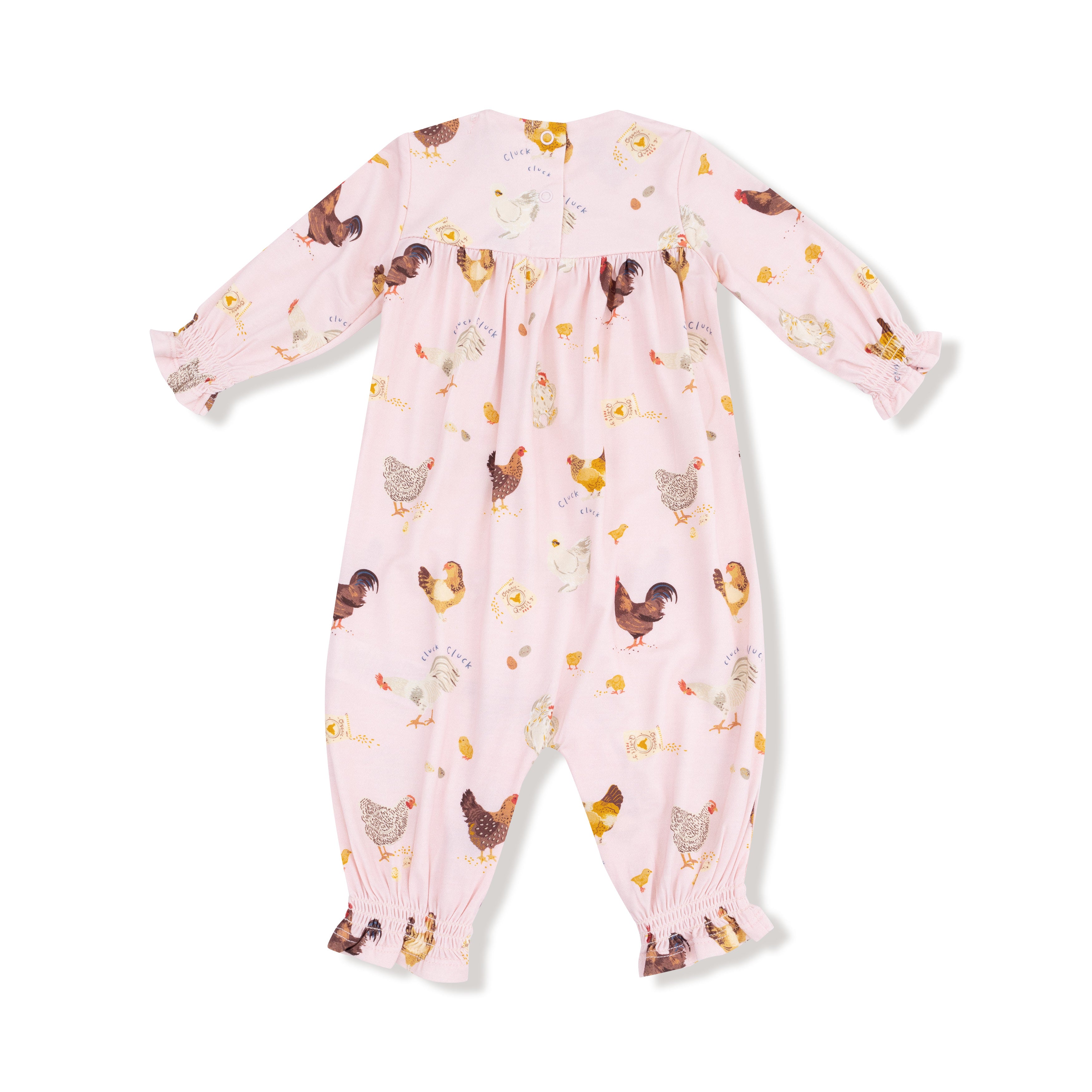 Ruffle Sleeve Romper in our  Collector Chickens - Pink print from Angel Dear