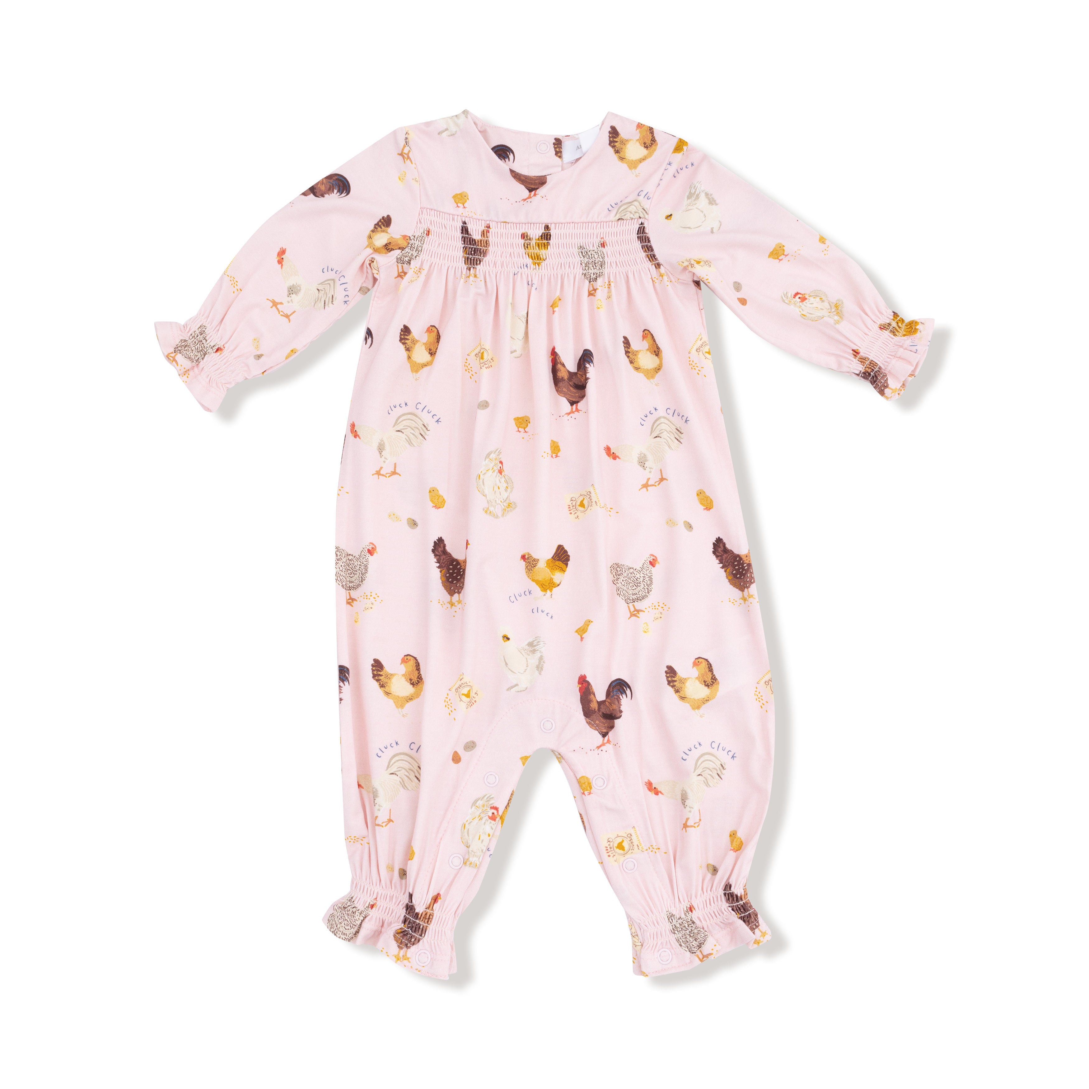 Ruffle Sleeve Romper in our  Collector Chickens - Pink print from Angel Dear