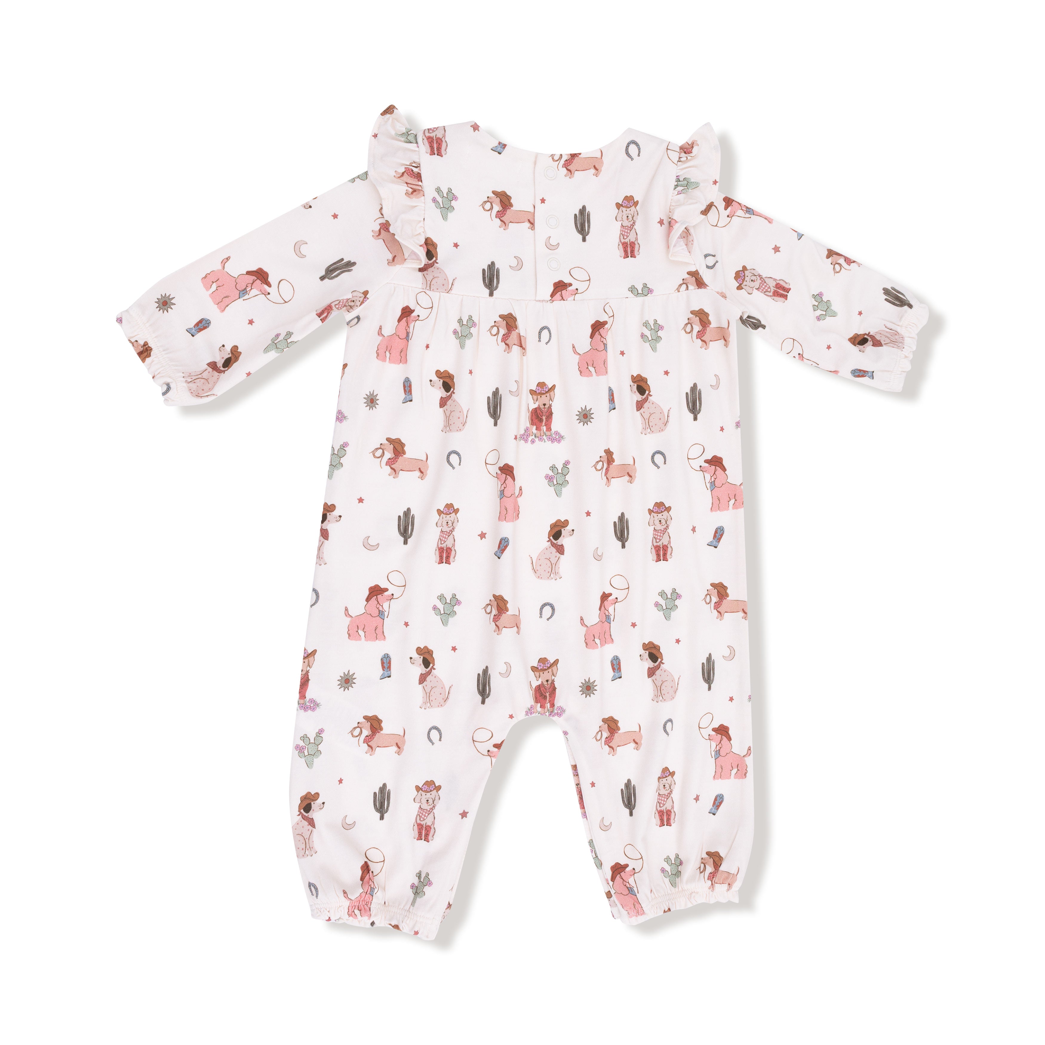 Ruffle Sleeve Romper in our  Cowgirl Dogs print from Angel Dear