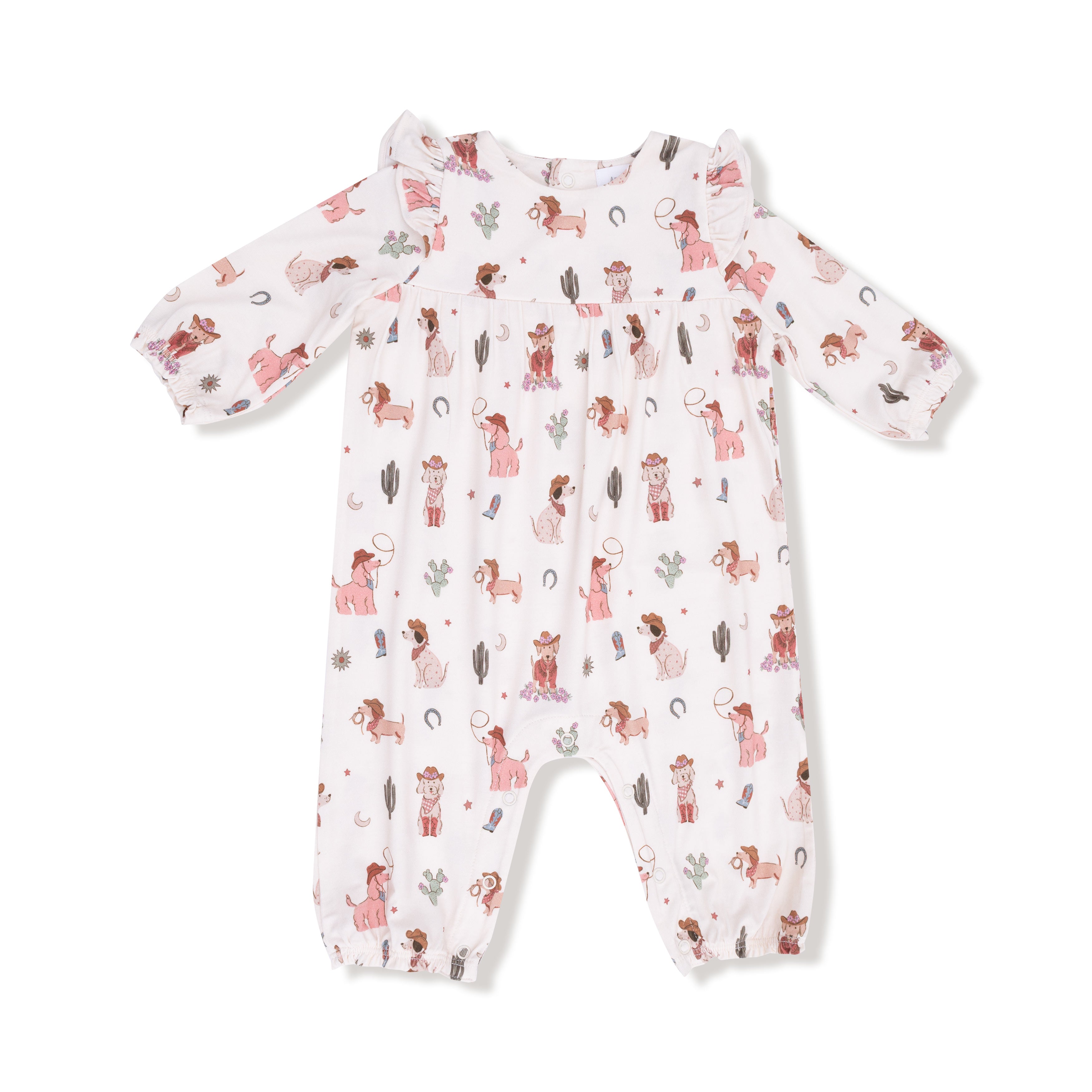 Ruffle Sleeve Romper in our  Cowgirl Dogs print from Angel Dear