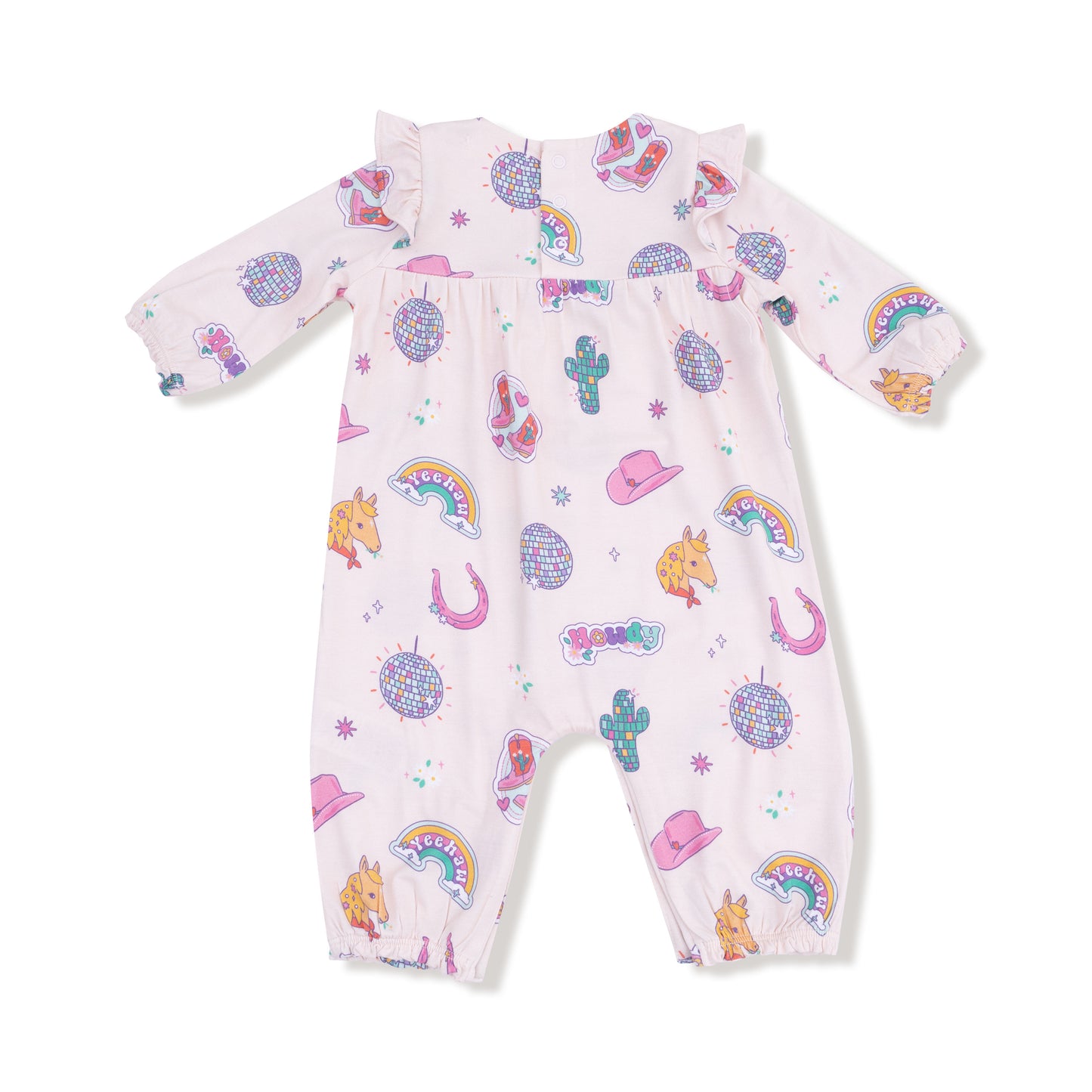 Ruffle Sleeve Romper in our  Disco Cowgirl print from Angel Dear