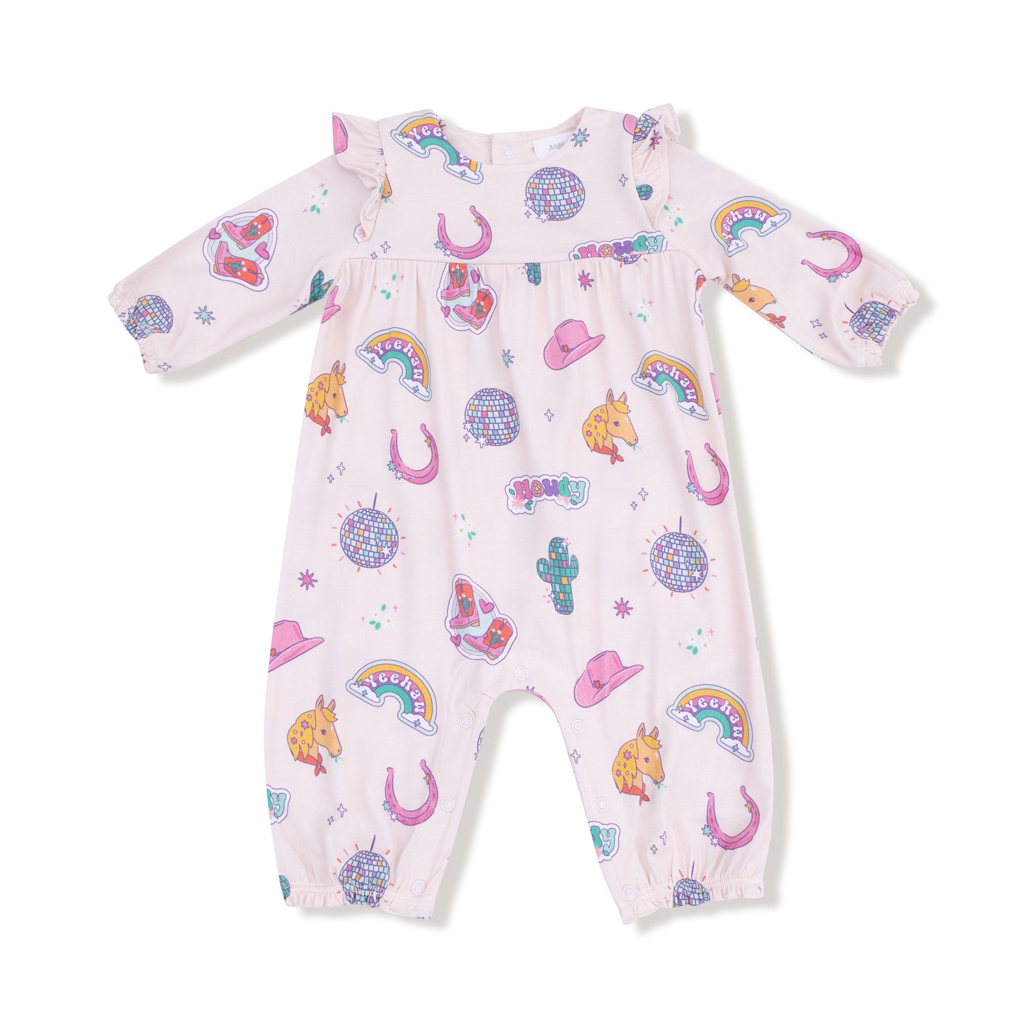 Ruffle Sleeve Romper in our  Disco Cowgirl print from Angel Dear