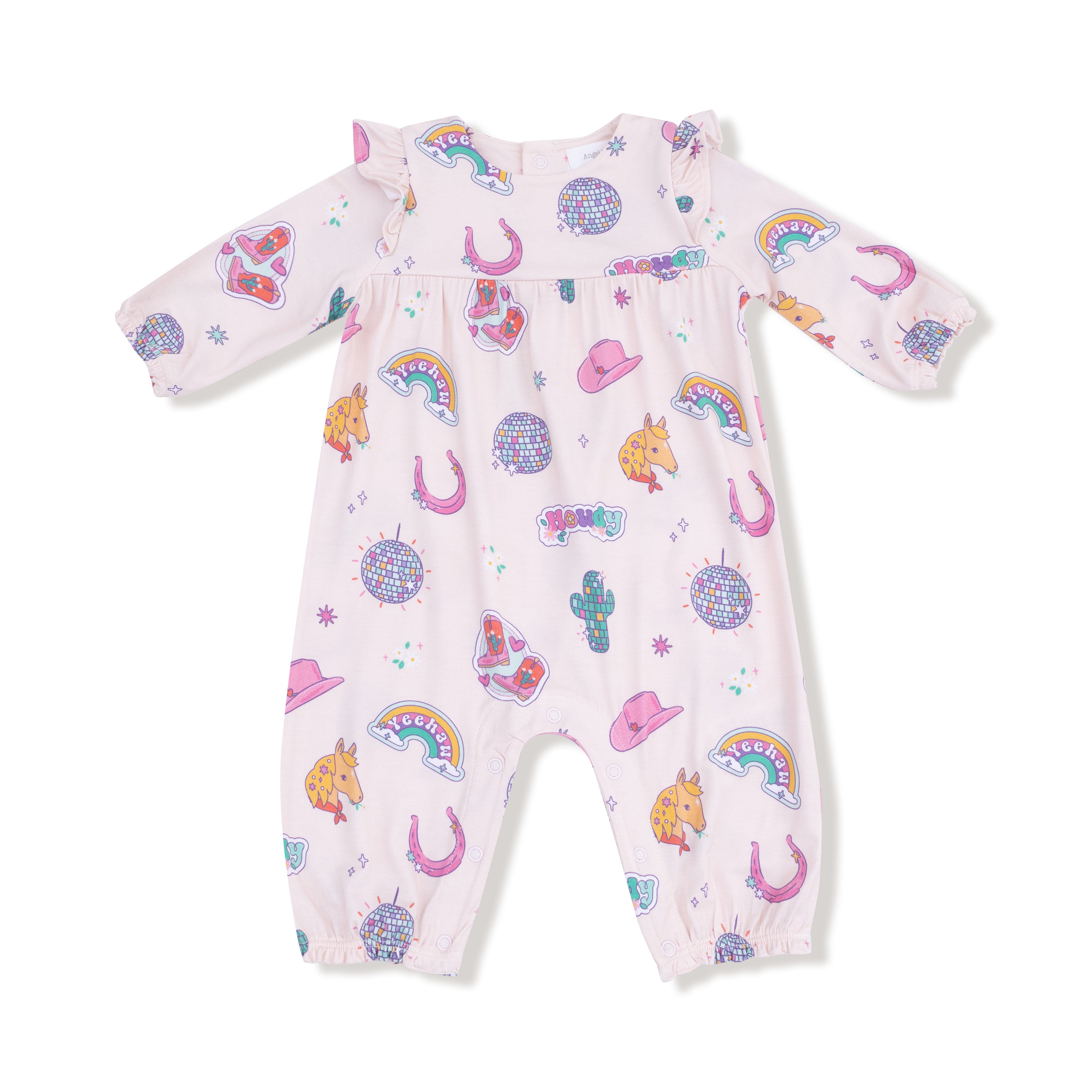 Ruffle Sleeve Romper in our  Disco Cowgirl print from Angel Dear