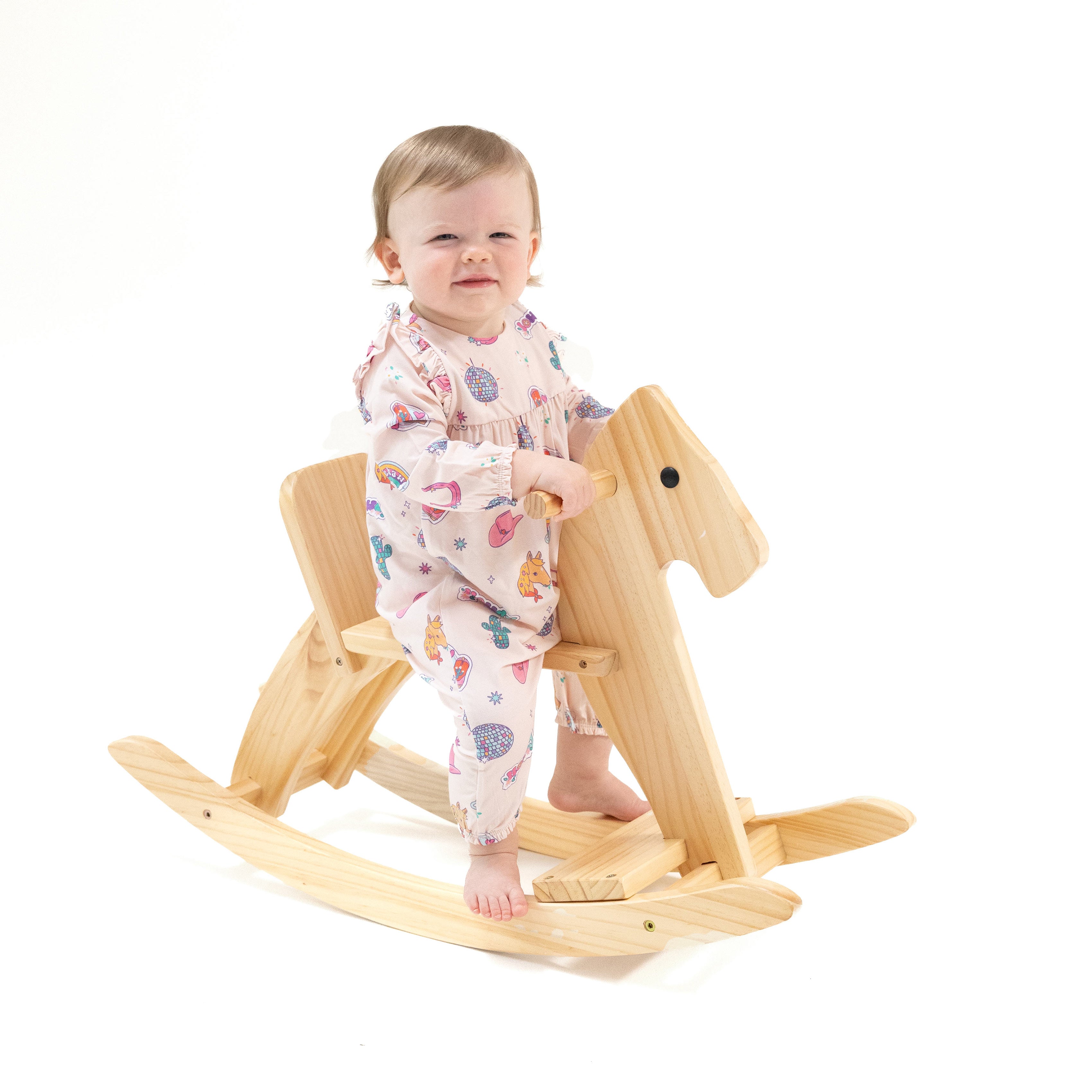 Ruffle Sleeve Romper in our  Disco Cowgirl print from Angel Dear