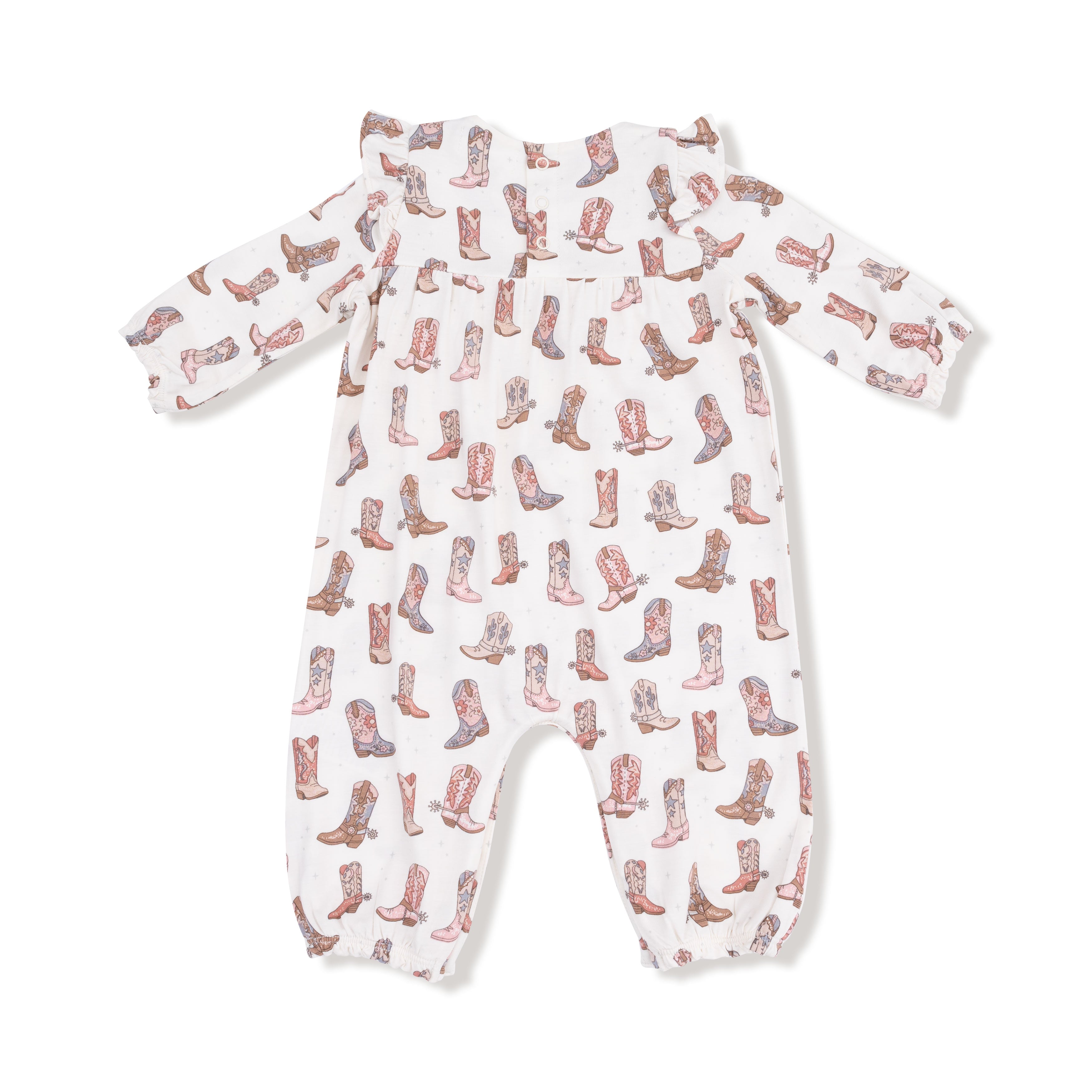 Ruffle Sleeve Romper in our  Future Cowgirl print from Angel Dear