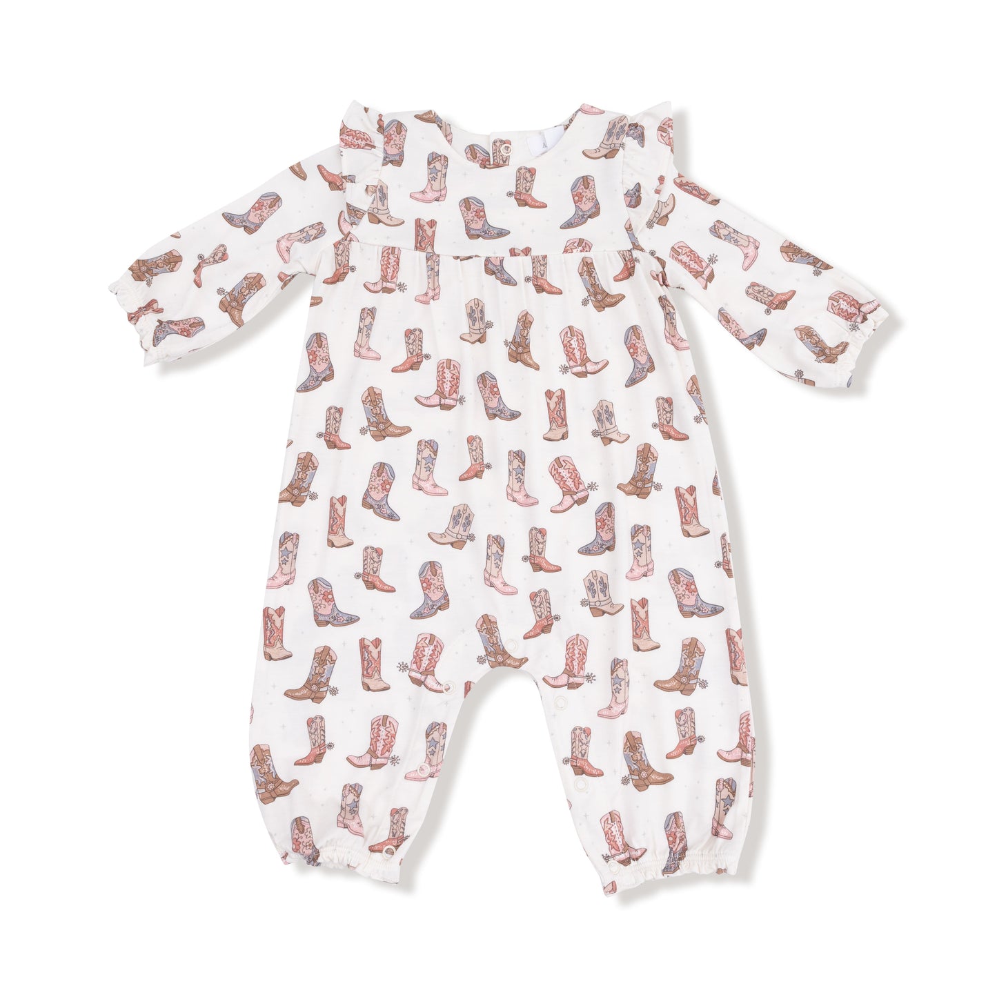 Ruffle Sleeve Romper in our  Future Cowgirl print from Angel Dear