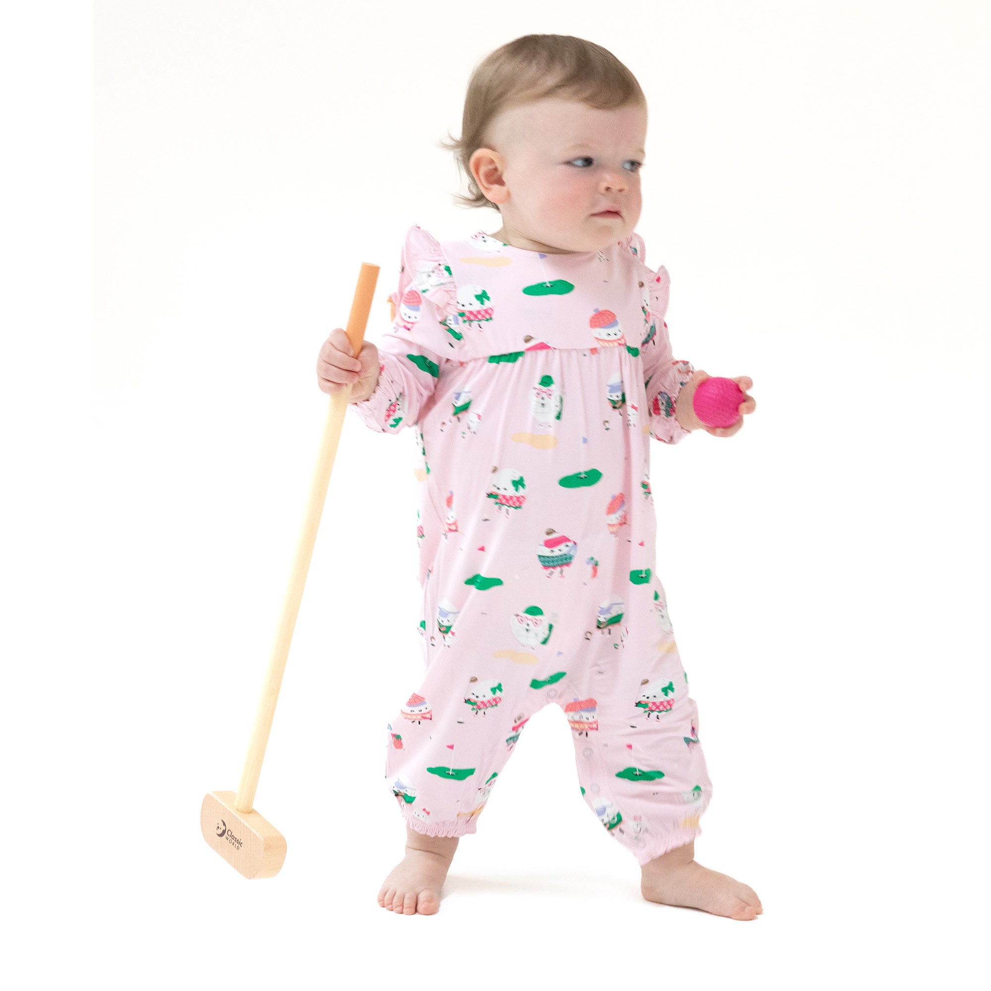 Ruffle Sleeve Romper in our  Golf Pros - Pink print from Angel Dear