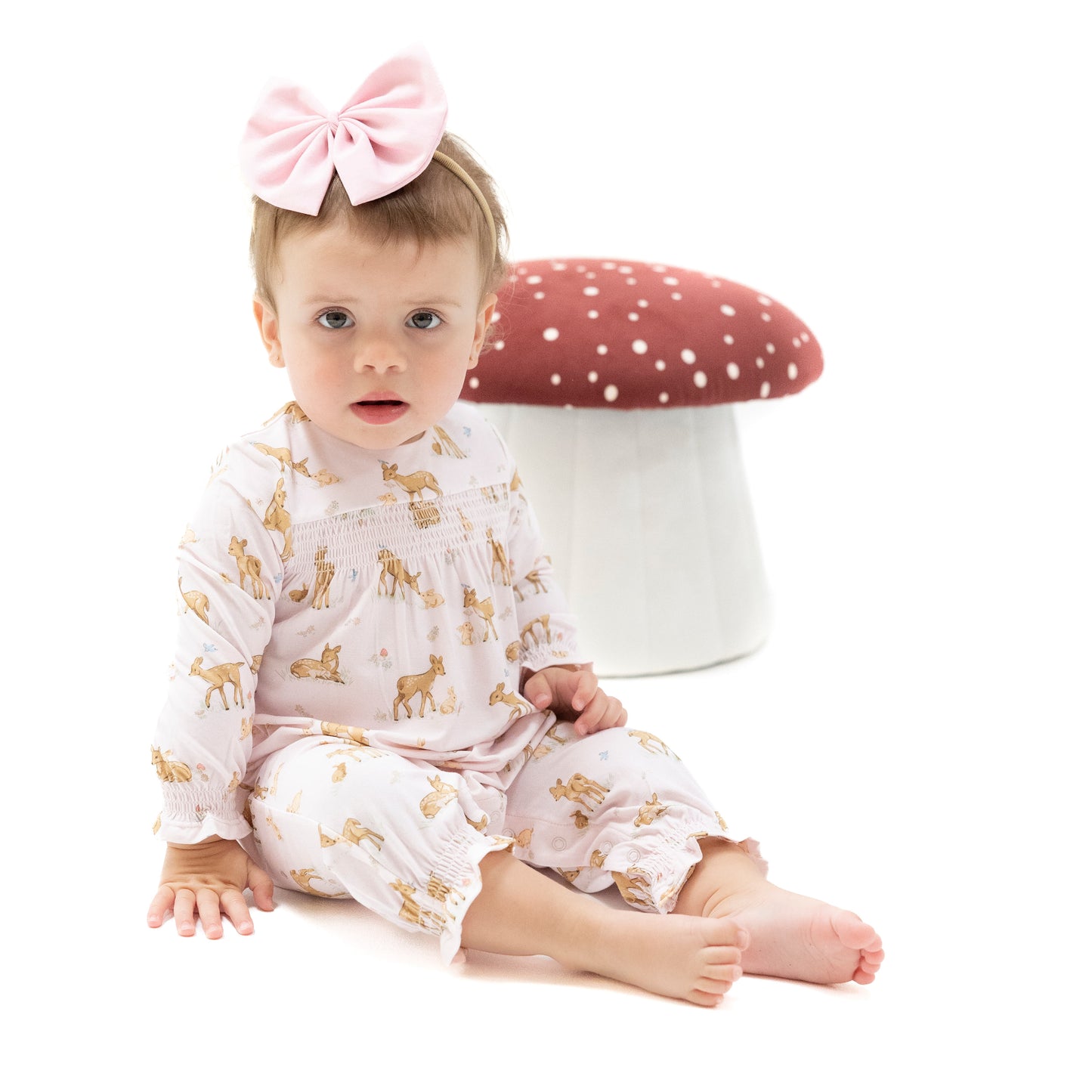 Smocked Long Sleeve Romper in our  Little Fawn print from Angel Dear