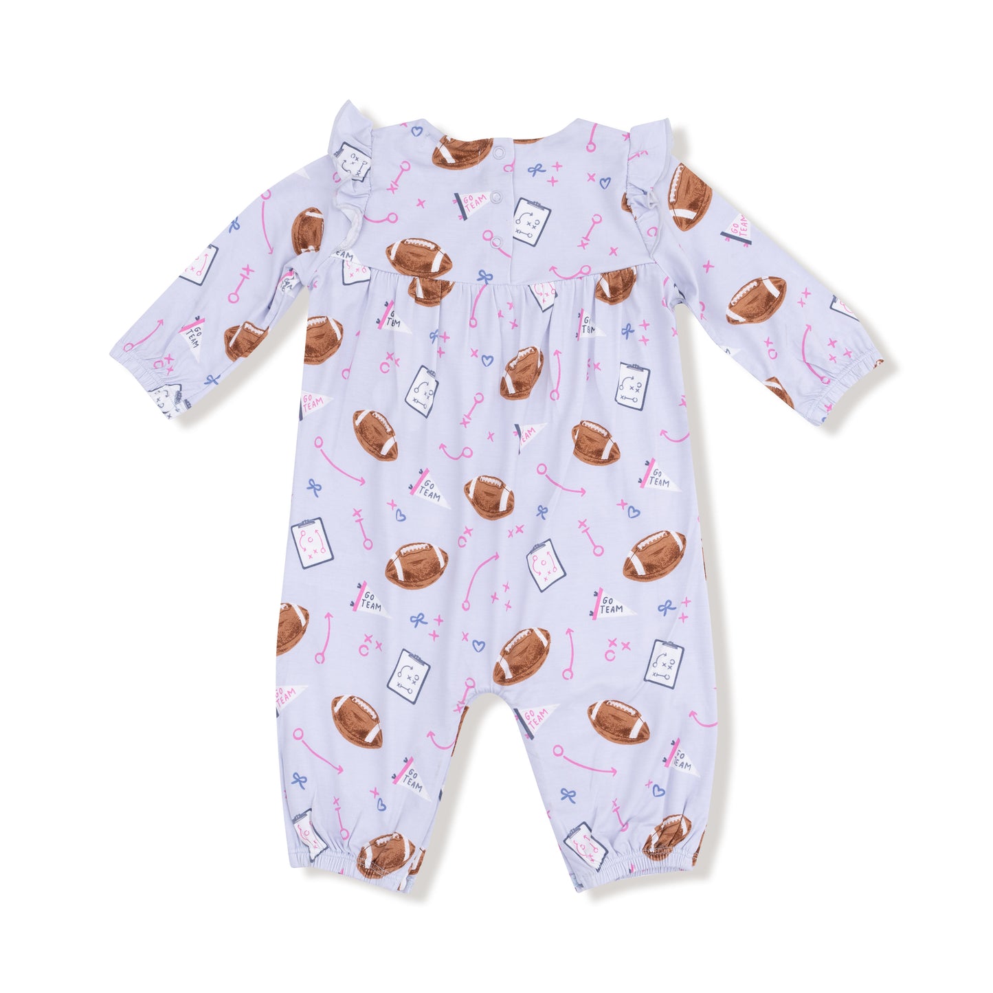 Ruffle Sleeve Romper in our  Touchdown Time - Lavender print from Angel Dear