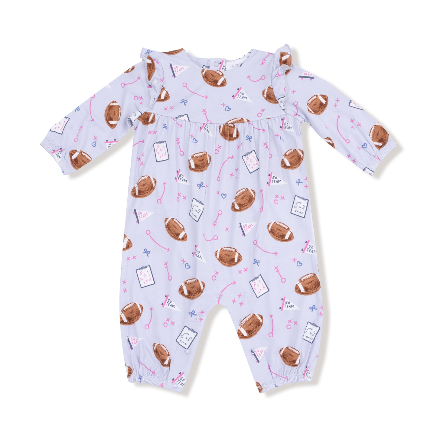 Ruffle Sleeve Romper in our  Touchdown Time - Lavender print from Angel Dear