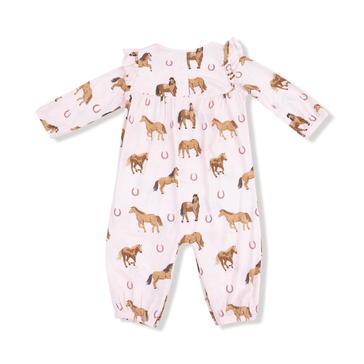 Ruffle Sleeve Romper in our  Horses - Pink print from Angel Dear