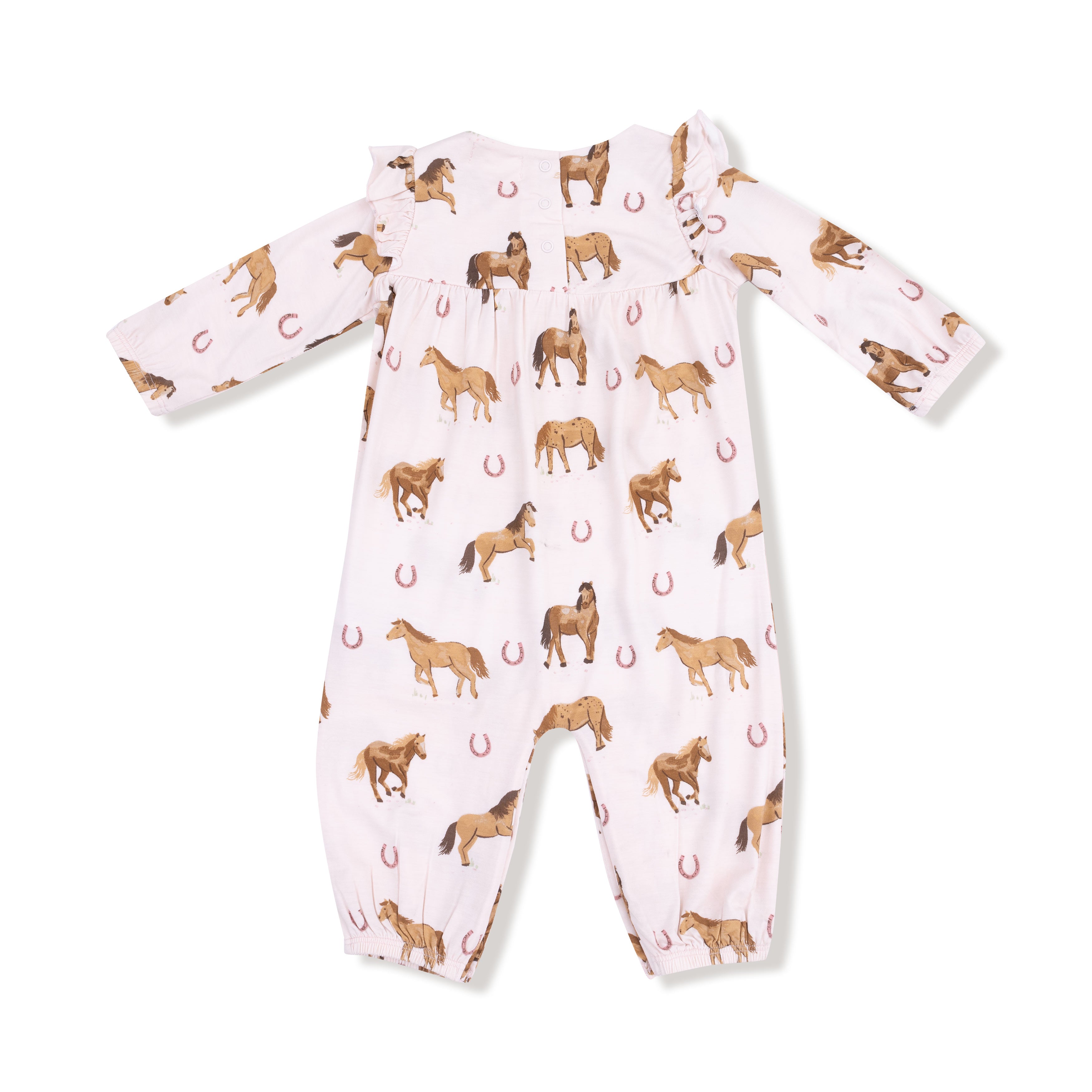 Ruffle Sleeve Romper in our  Horses - Pink print from Angel Dear