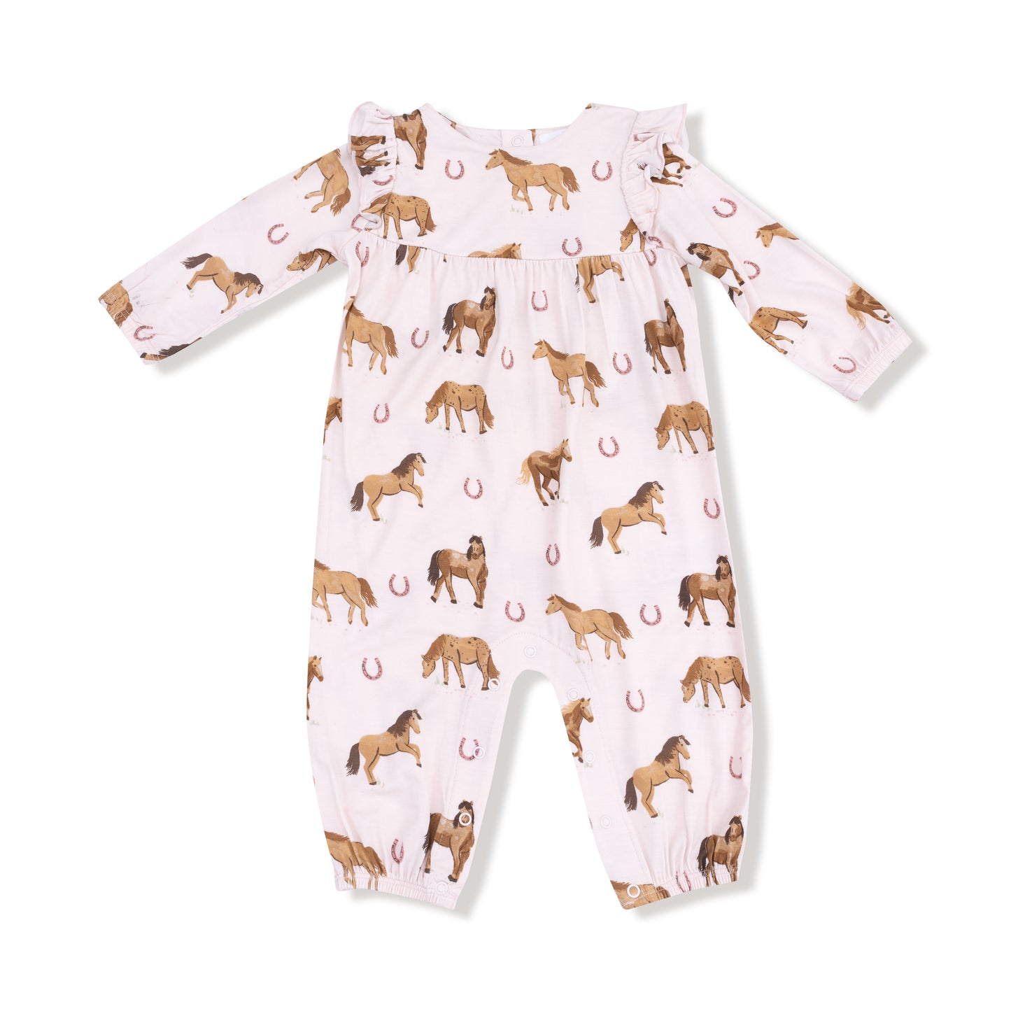 Ruffle Sleeve Romper in our  Horses - Pink print from Angel Dear