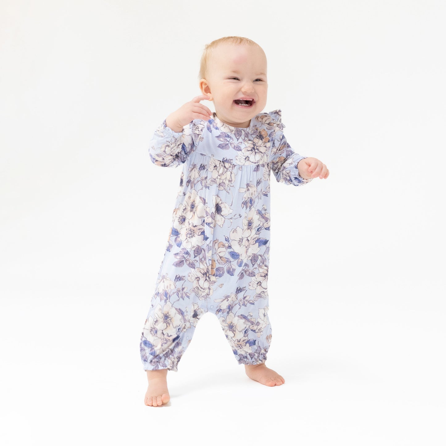 Ruffle Sleeve Romper in our  Woodrose - Peri print from Angel Dear