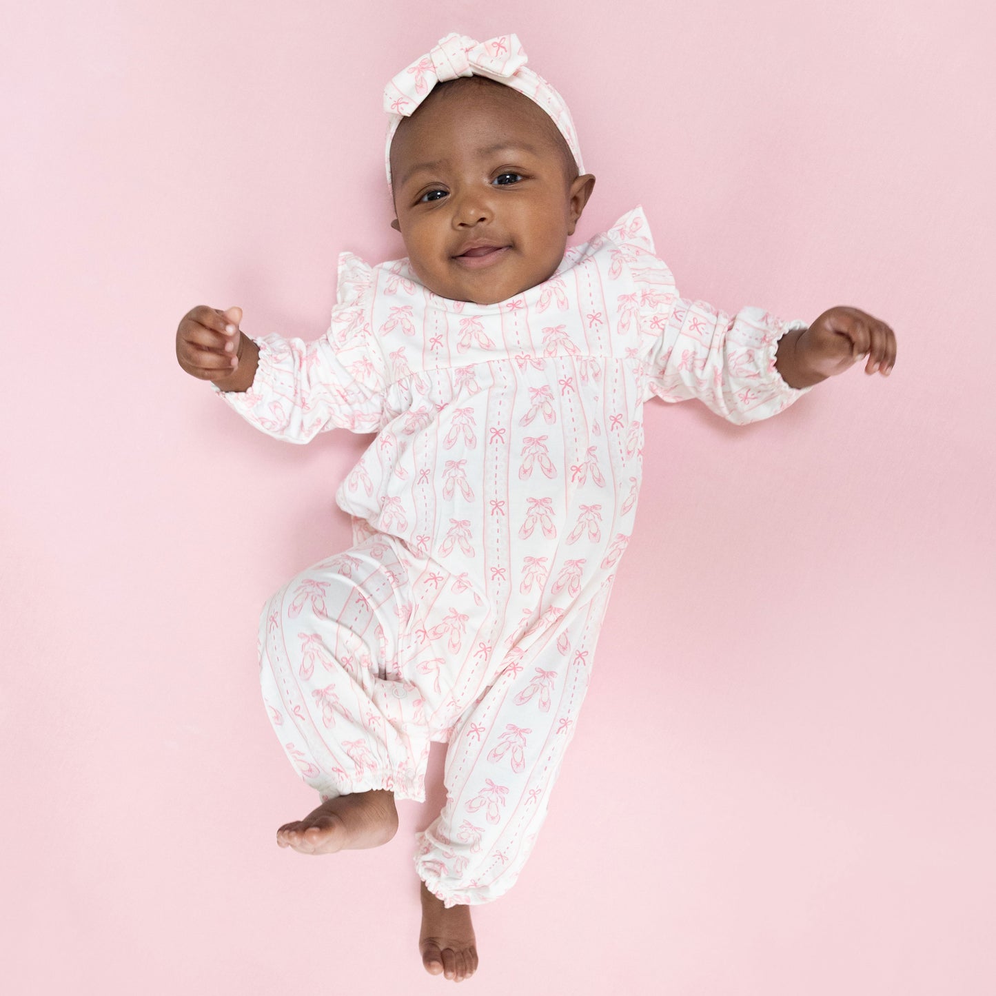 Ballet Shoes Ribbon Stripe - Ruffle Sleeve Snap Romper
