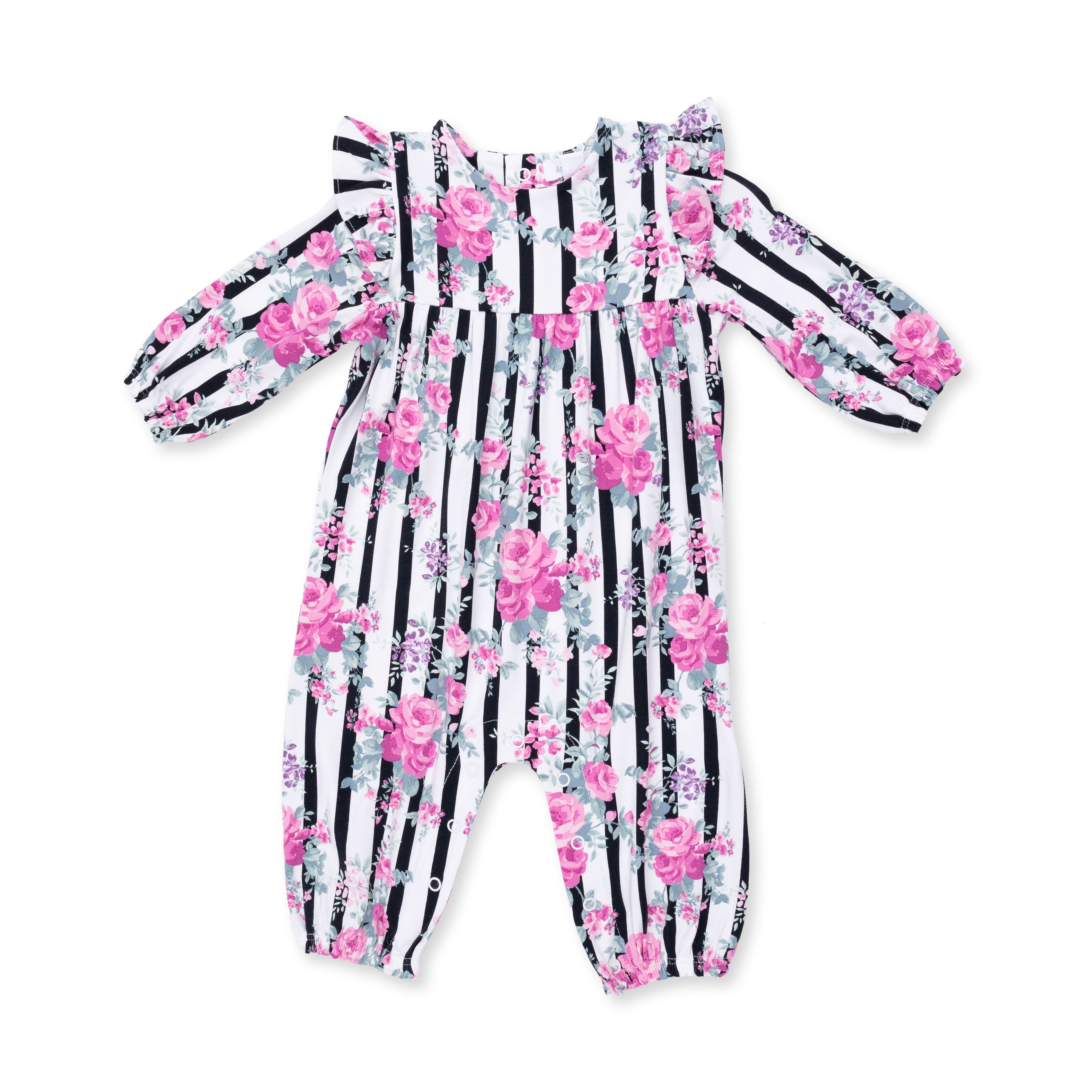 Cabbage Rose Stripe - Ruffle Sleeve Snap Romper