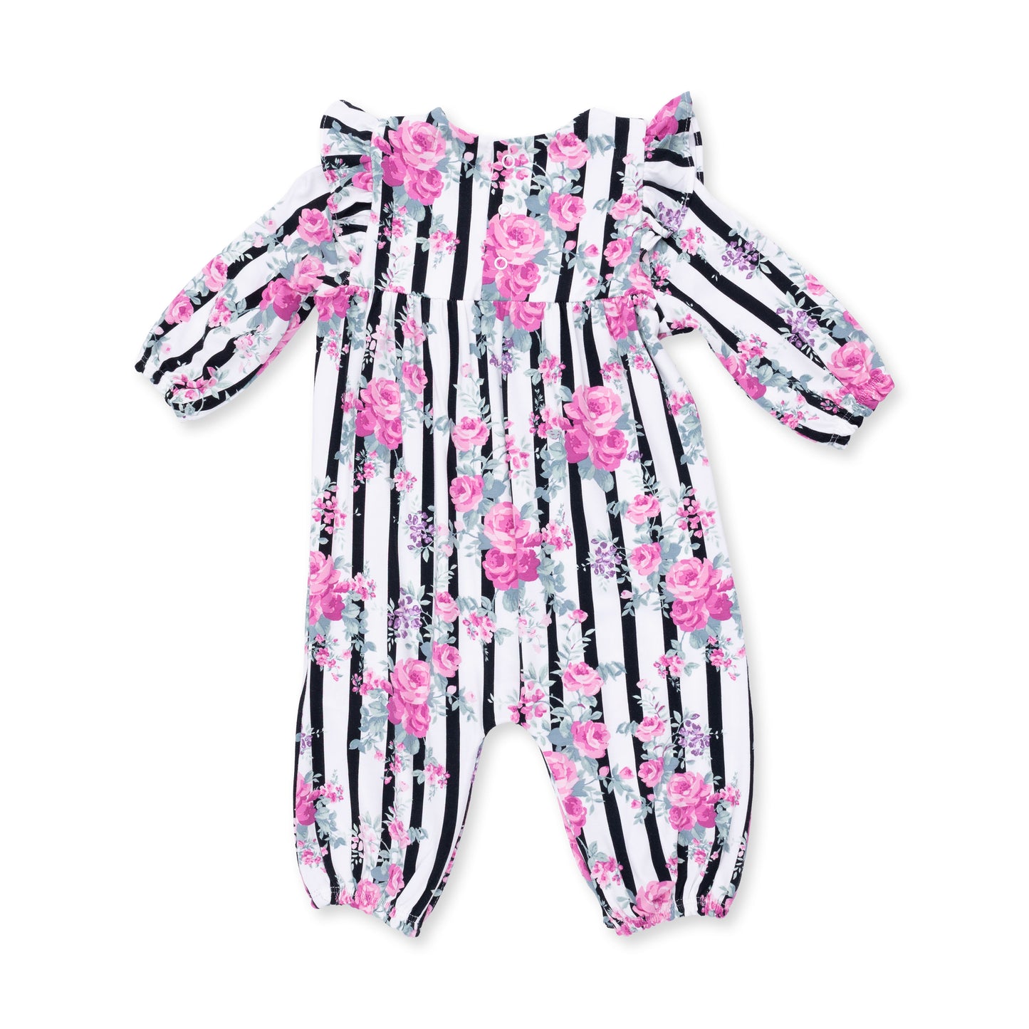 Cabbage Rose Stripe - Ruffle Sleeve Snap Romper