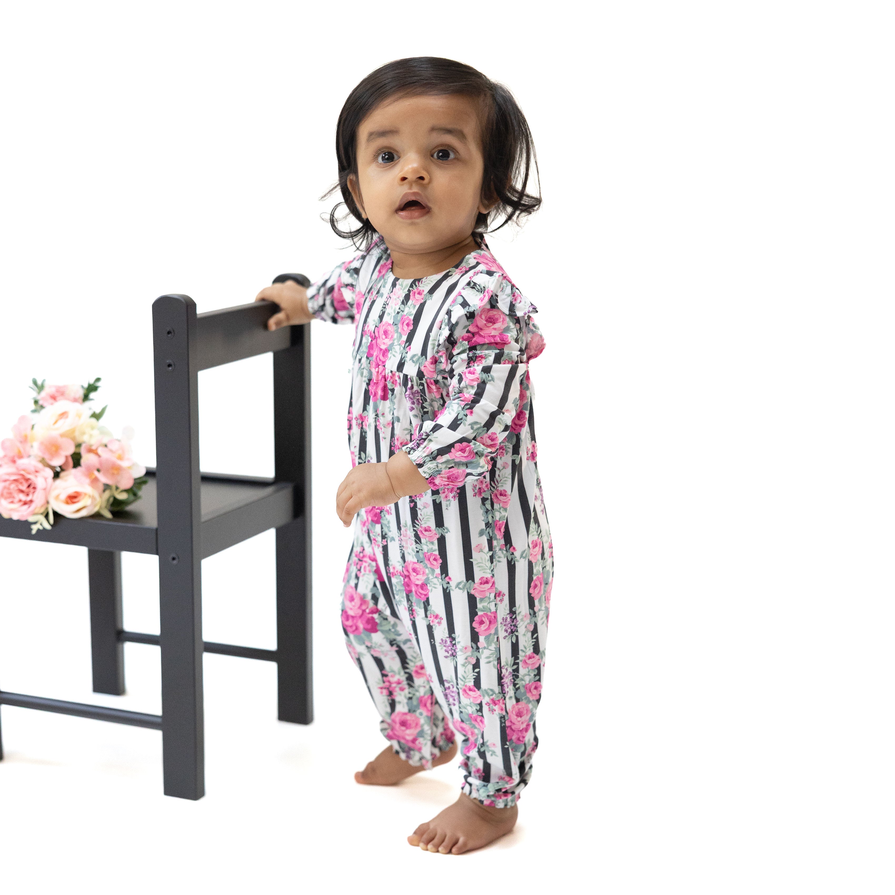 Cabbage Rose Stripe - Ruffle Sleeve Snap Romper