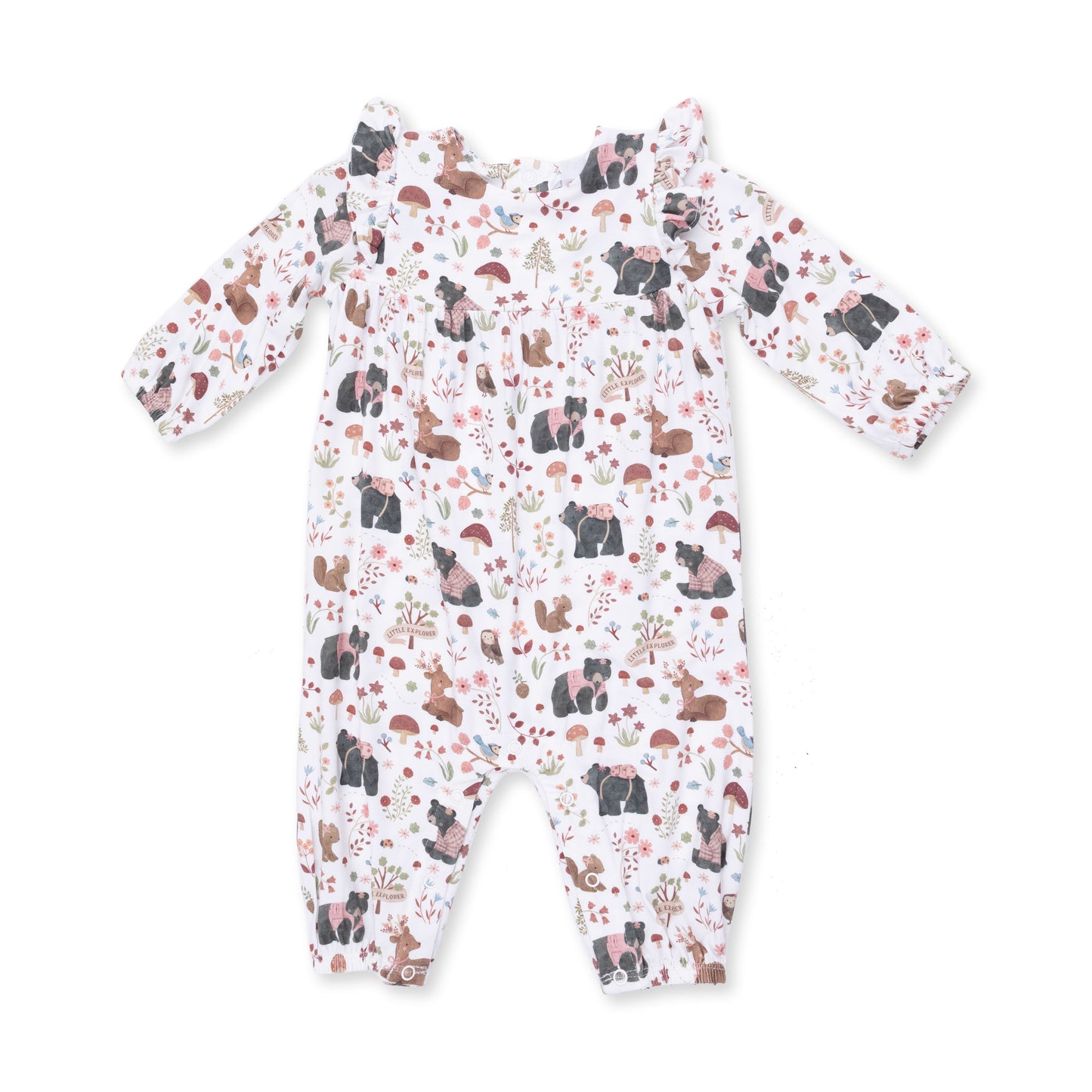 Southern Woodland Animals Pink - Ruffle Sleeve Snap Romper
