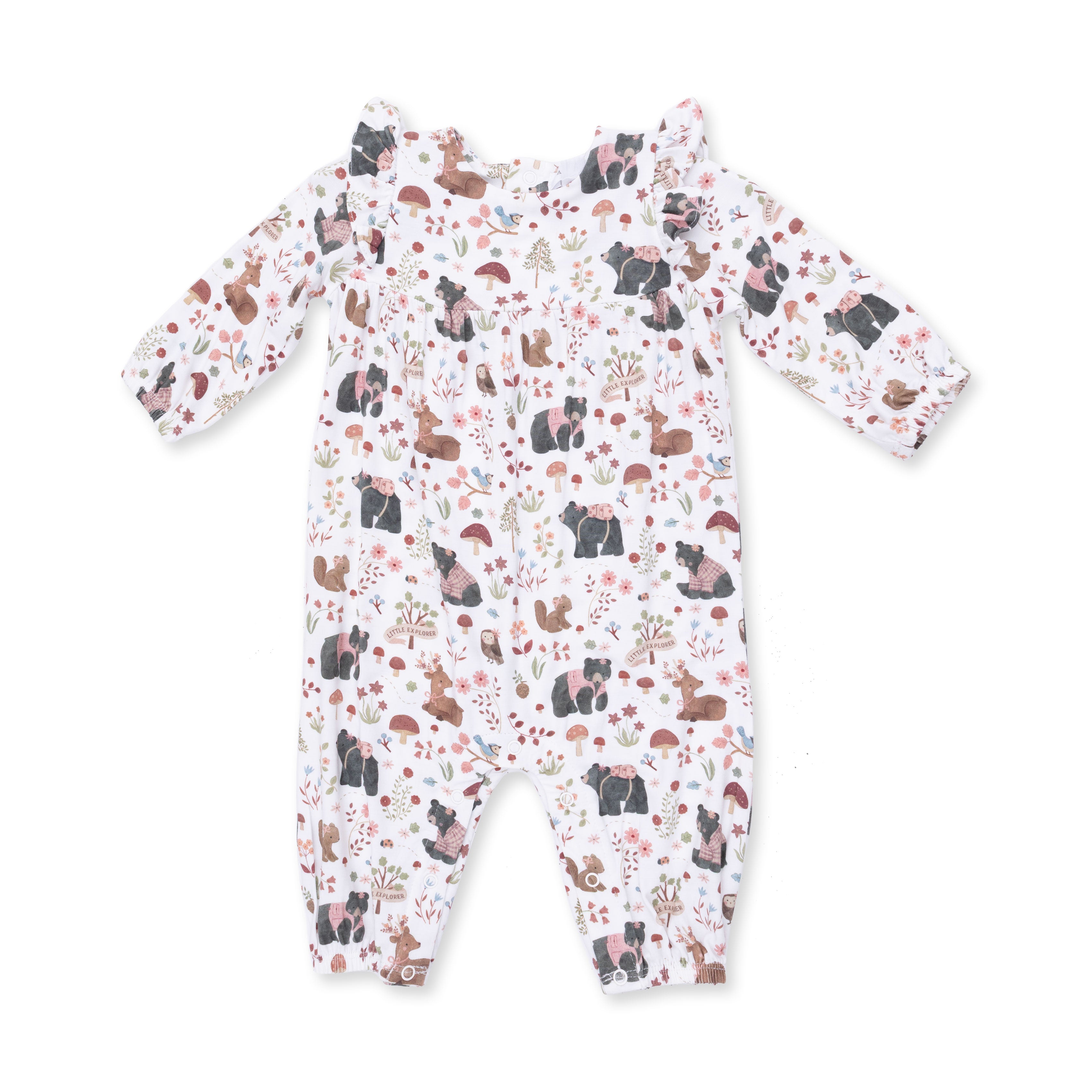 Southern Woodland Animals Pink - Ruffle Sleeve Snap Romper