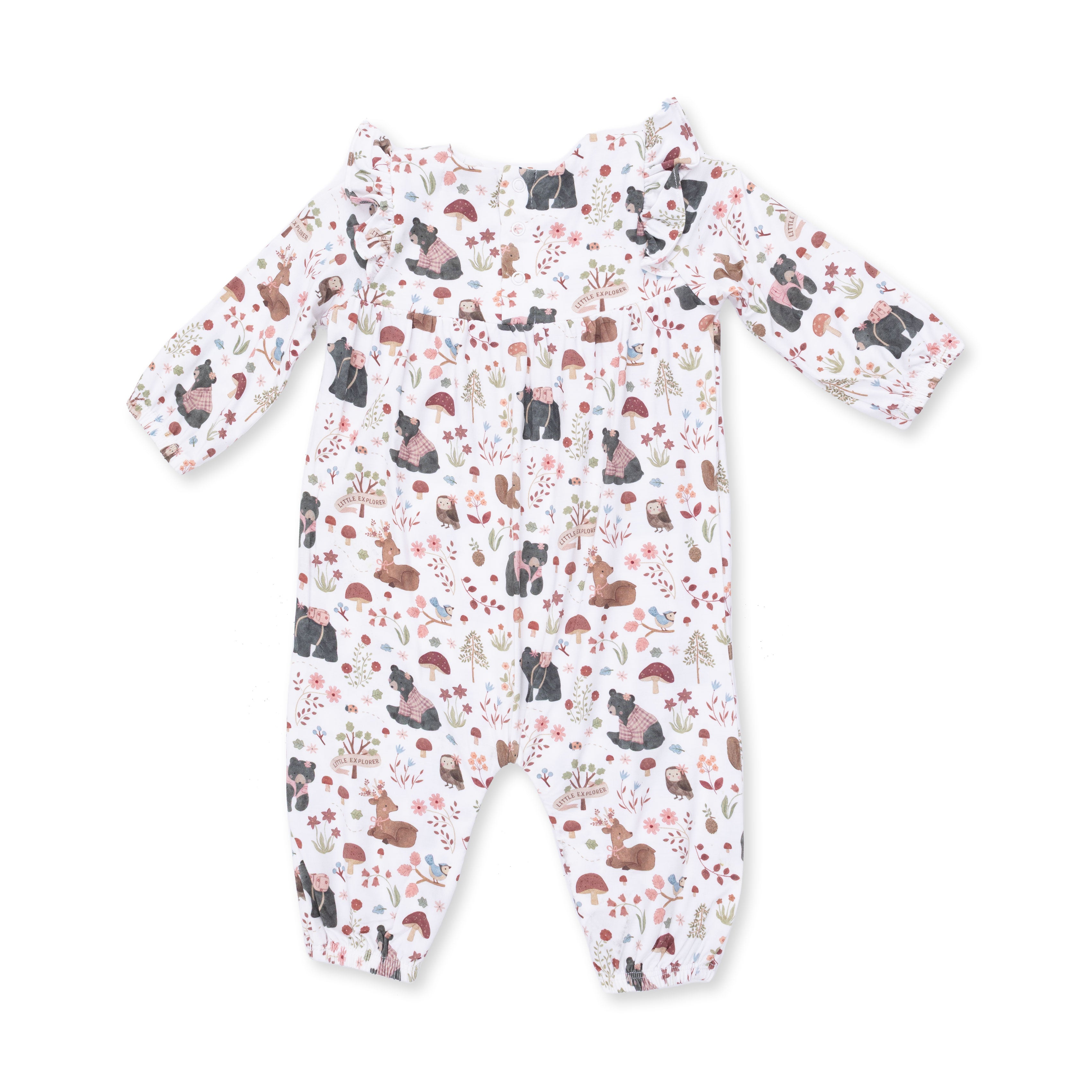Southern Woodland Animals Pink - Ruffle Sleeve Snap Romper