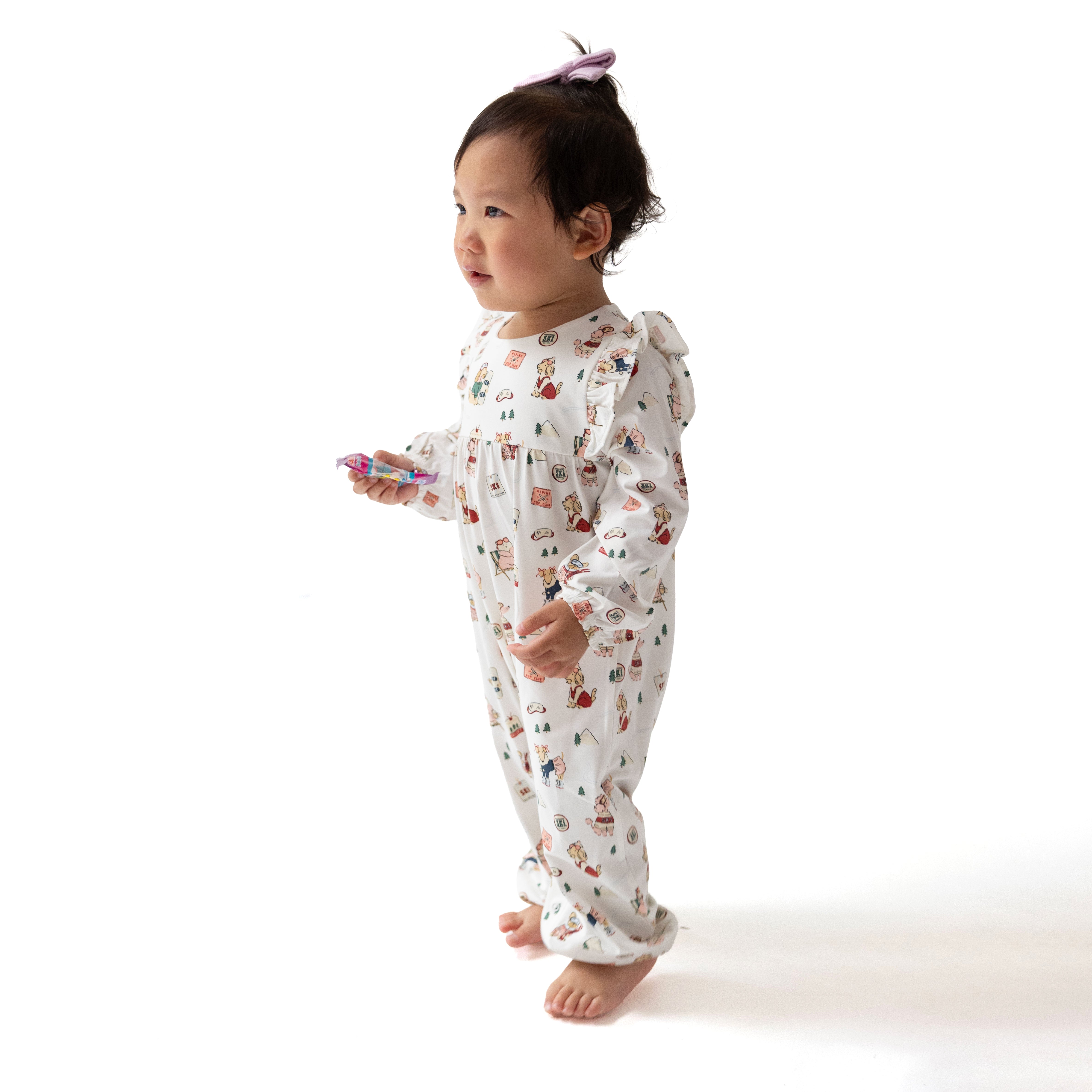 Winter Sports Dogs Pink - Ruffle Sleeve Snap Romper