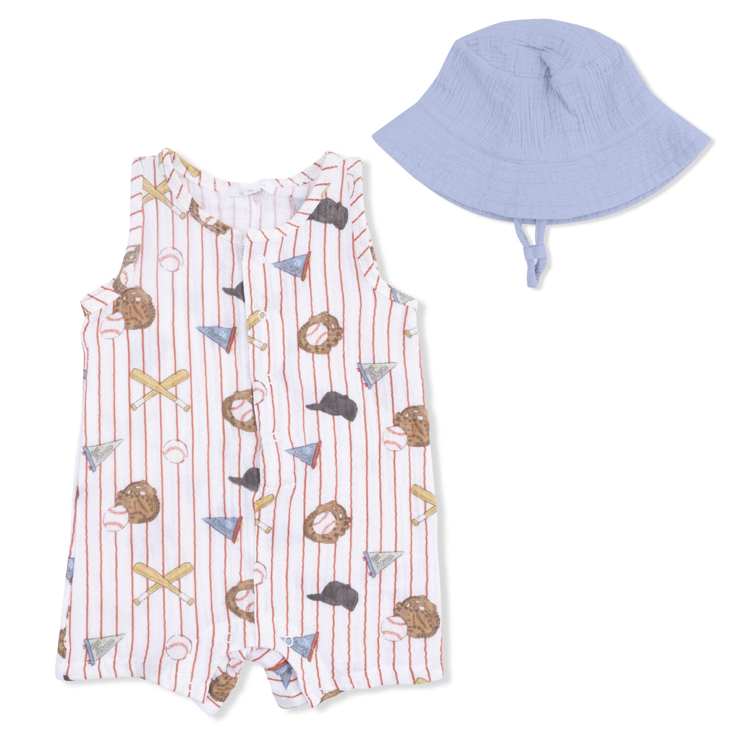 Vintage Baseball Stripe  - Muslin Sleeveless Shortie Romper with Bucket Hat-Angel Dear