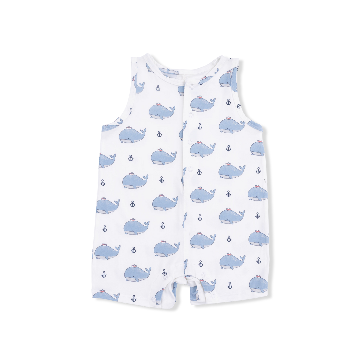 Bubbly Sailor Whales Blue - Sleeveless Shortie Romper-Angel Dear