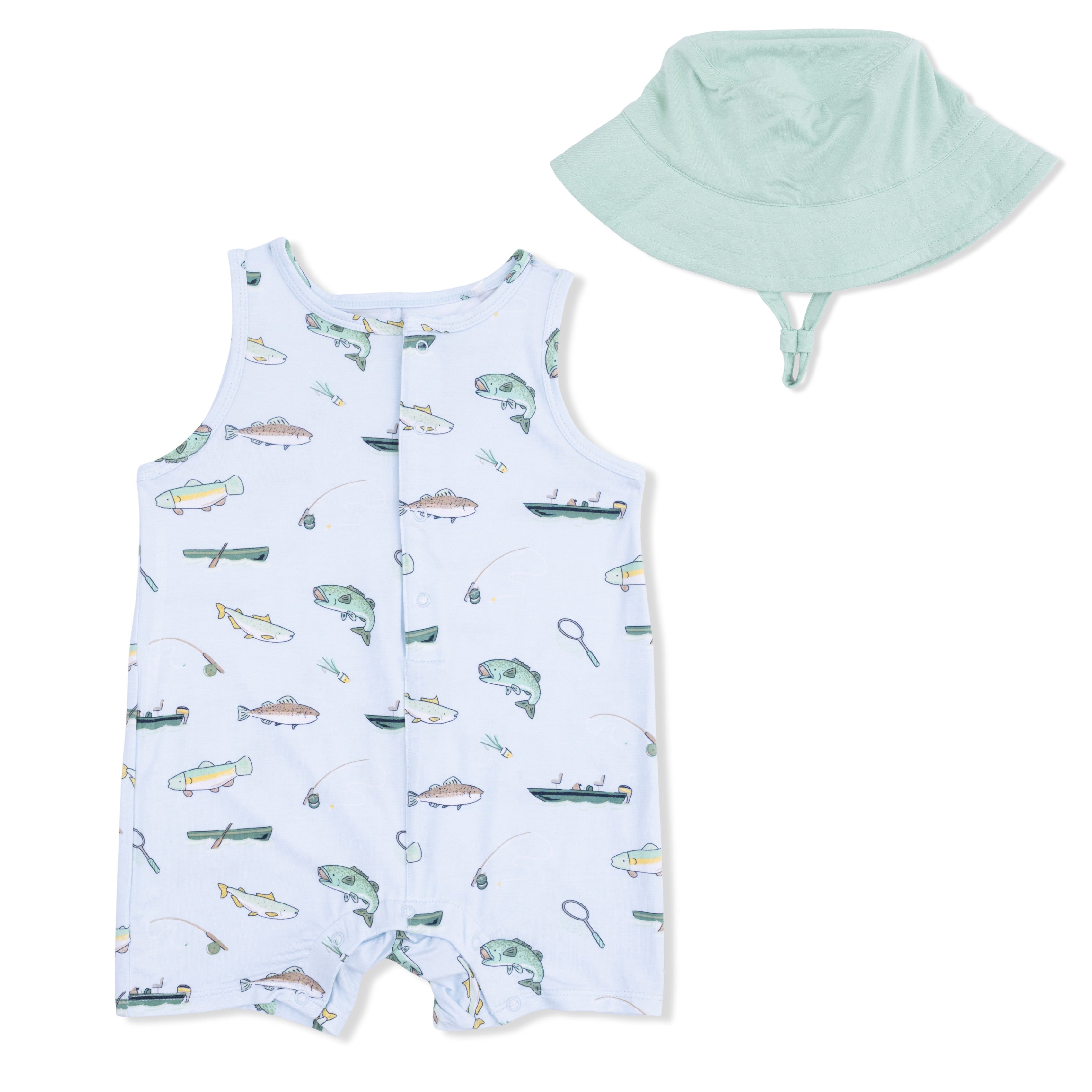 Fishing - Sleeveless Shortie Romper & Bucket Hat-Angel Dear