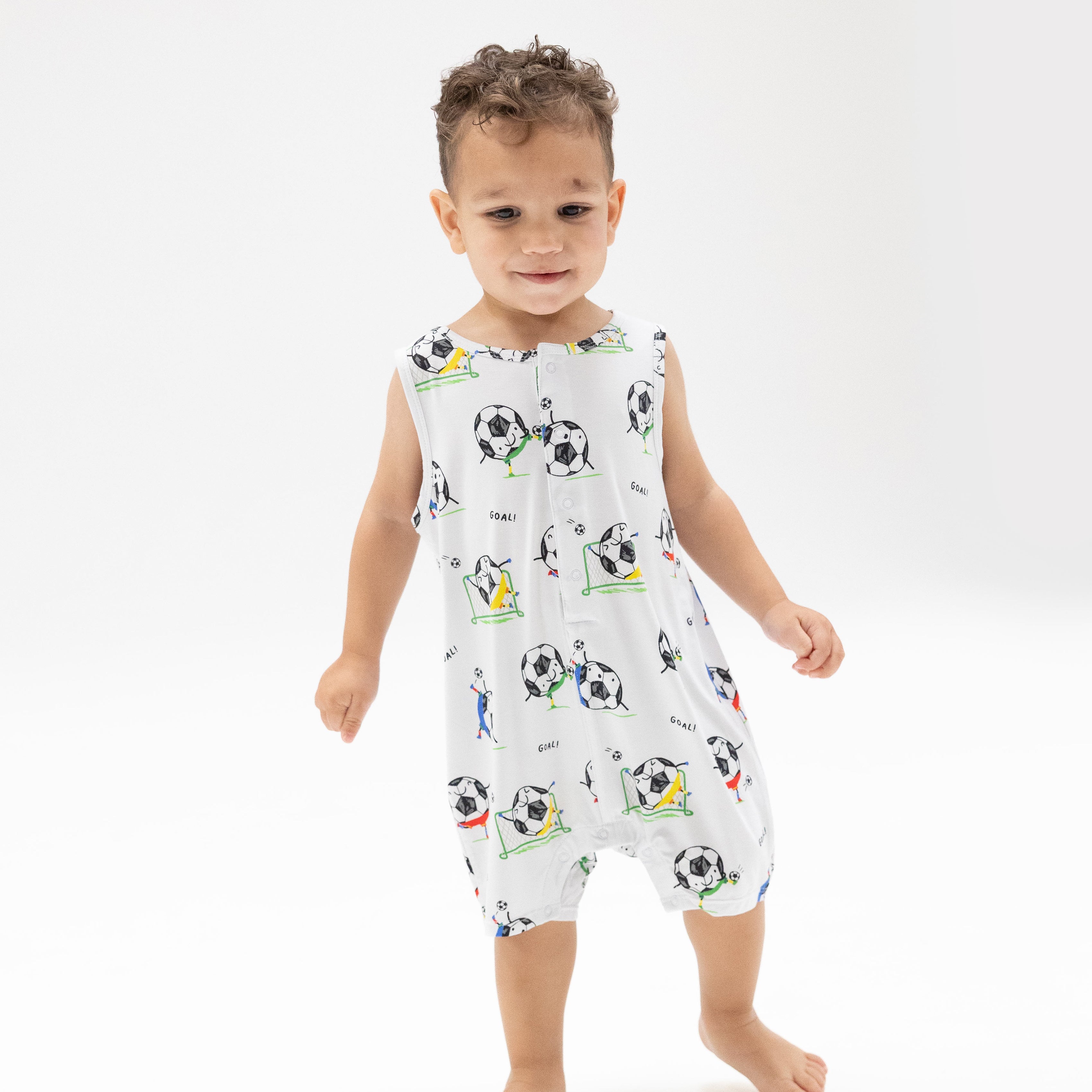 Soccer Balls Playing Soccer  Blue - Sleeveless Shortie Romper-Angel Dear