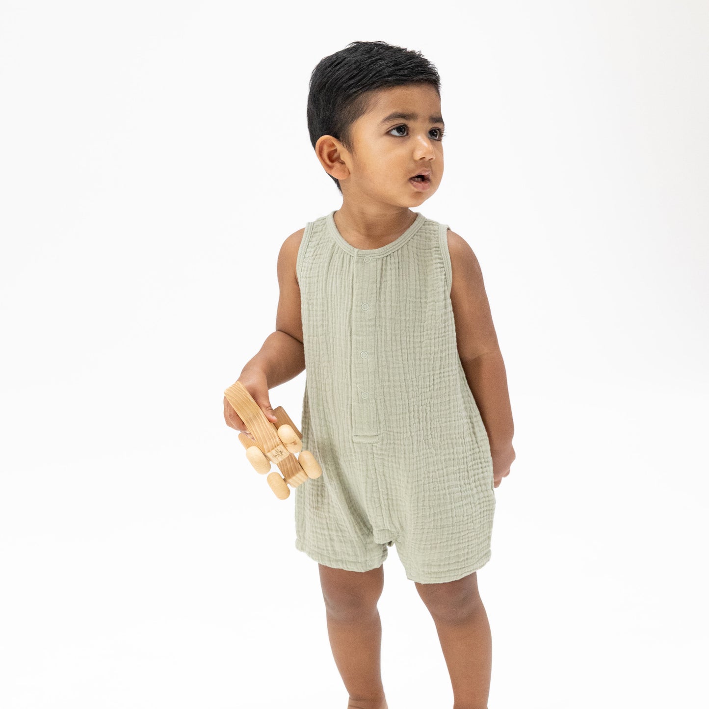 Solid Muslin Desert Green - Sleeveless Shortie Romper-Angel Dear