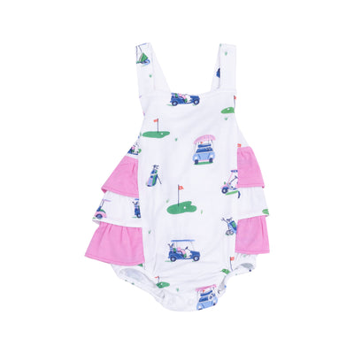 Ruffle Sunsuit - Vintage Golf Carts Pink-Angel Dear