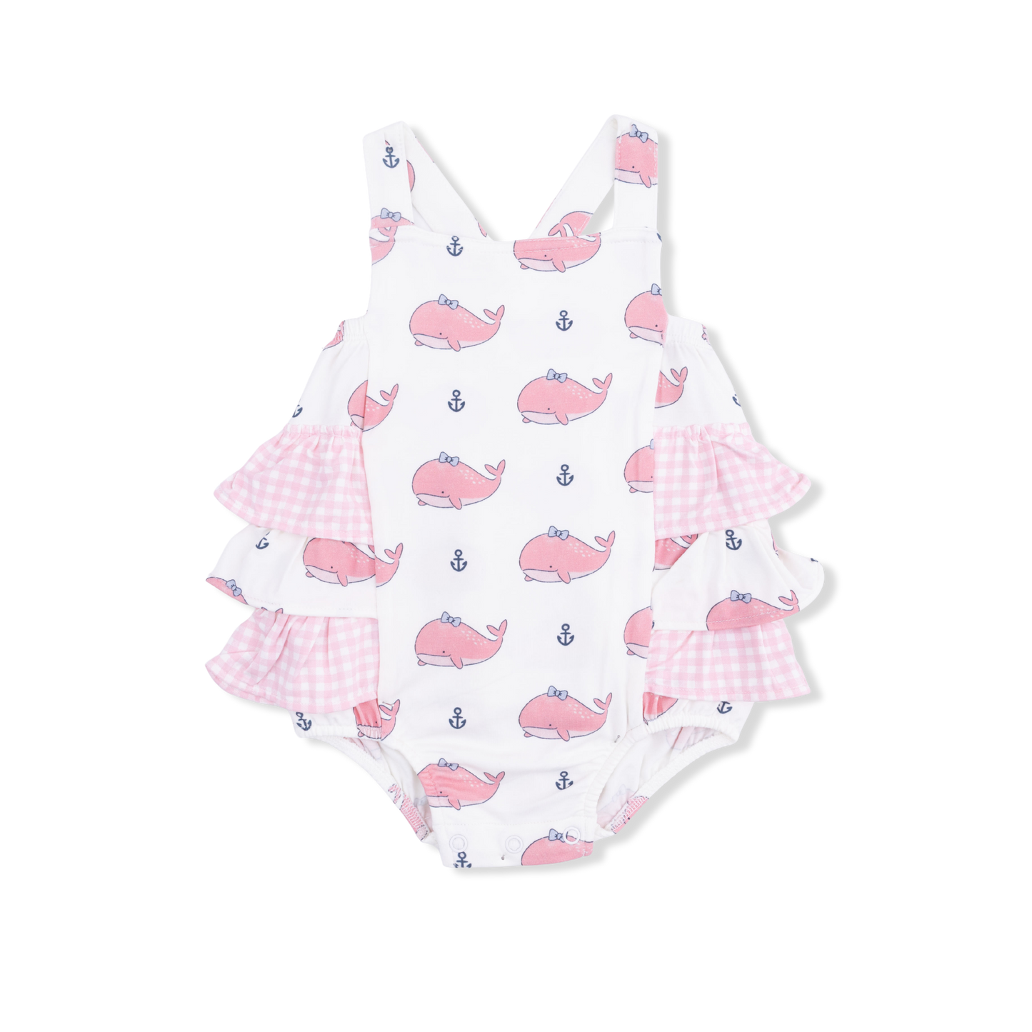 Bubbly Whale with Bow  Pink - Ruffle Sunsuit-Angel Dear
