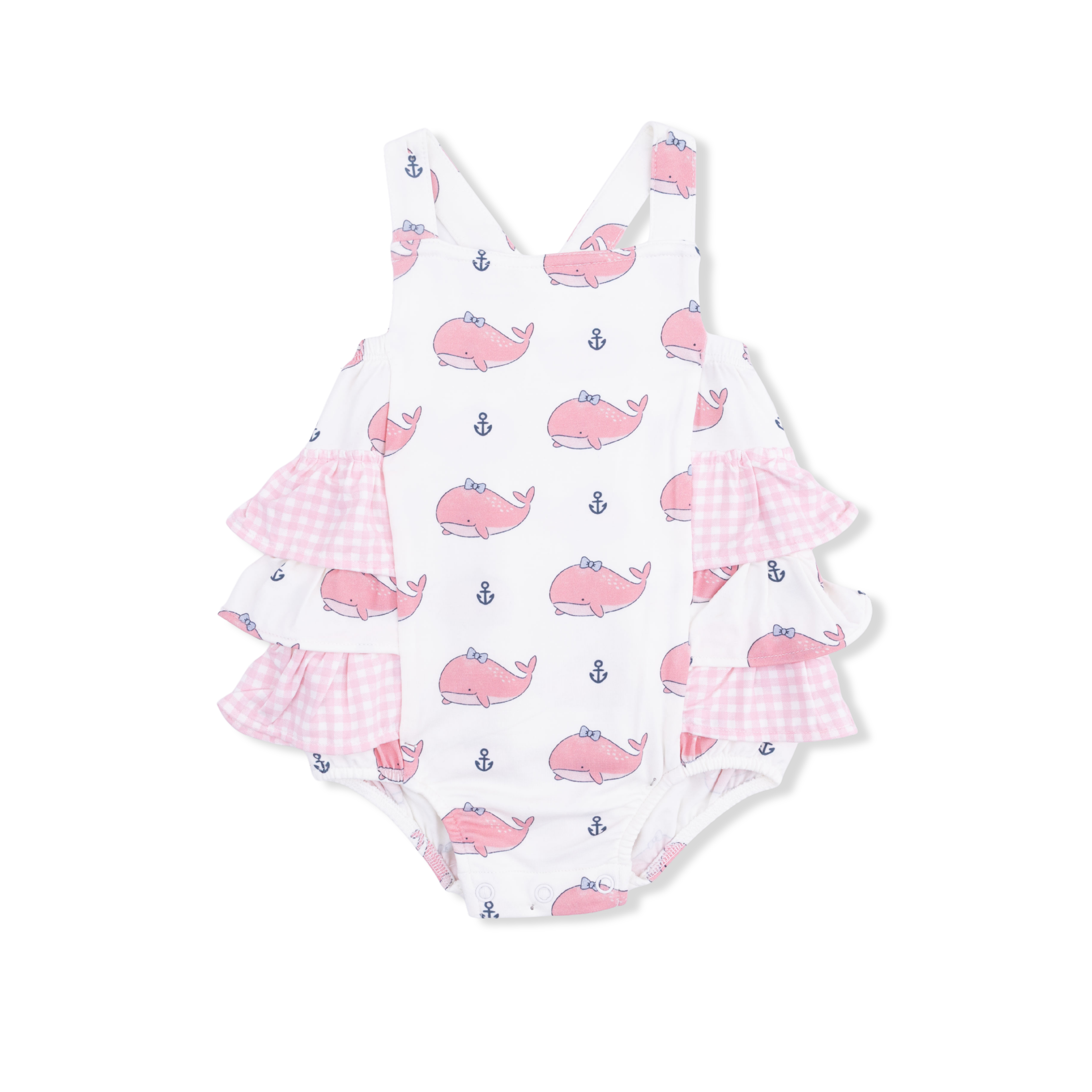 Bubbly Whale with Bow  Pink - Ruffle Sunsuit-Angel Dear