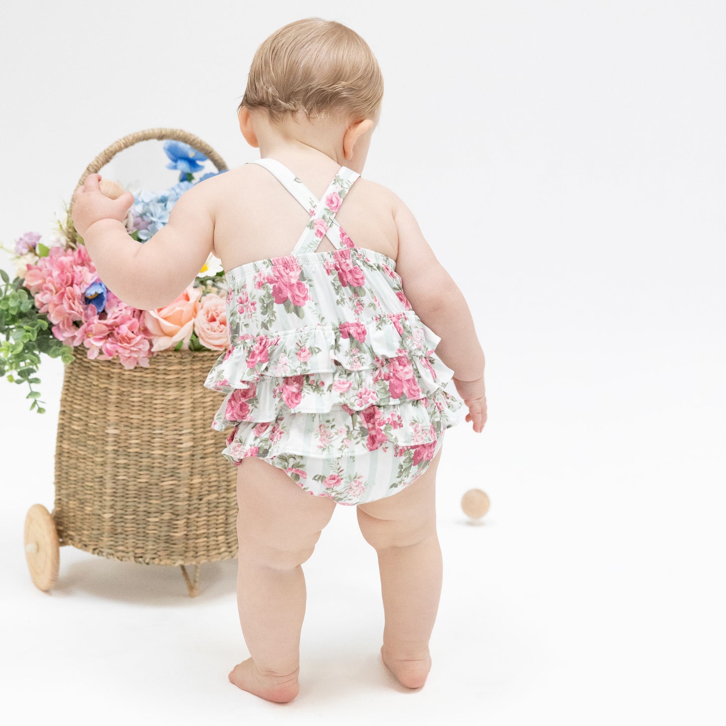 Cabbage Rose Stripe - Ruffle Sunsuit-Angel Dear