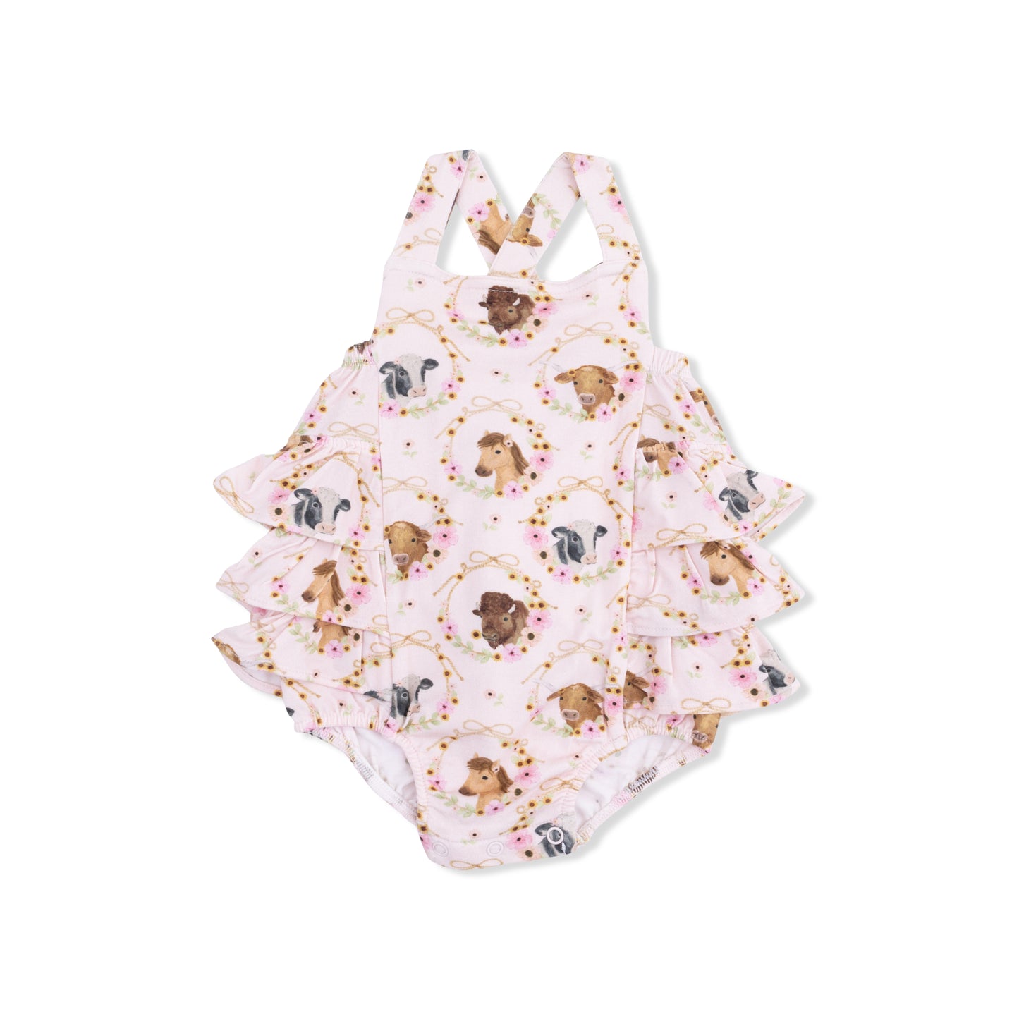 Farm Animals Floral Cameos Pink - Ruffle Sunsuit-Angel Dear