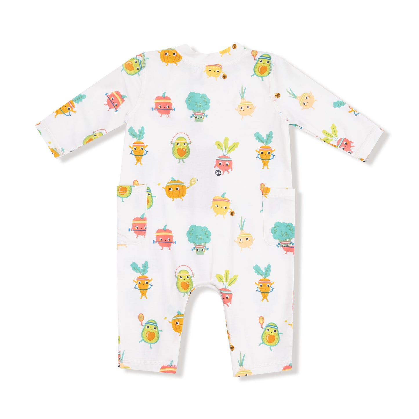 Uni Romper in our  Crunch Munch Veggie Sports print from Angel Dear