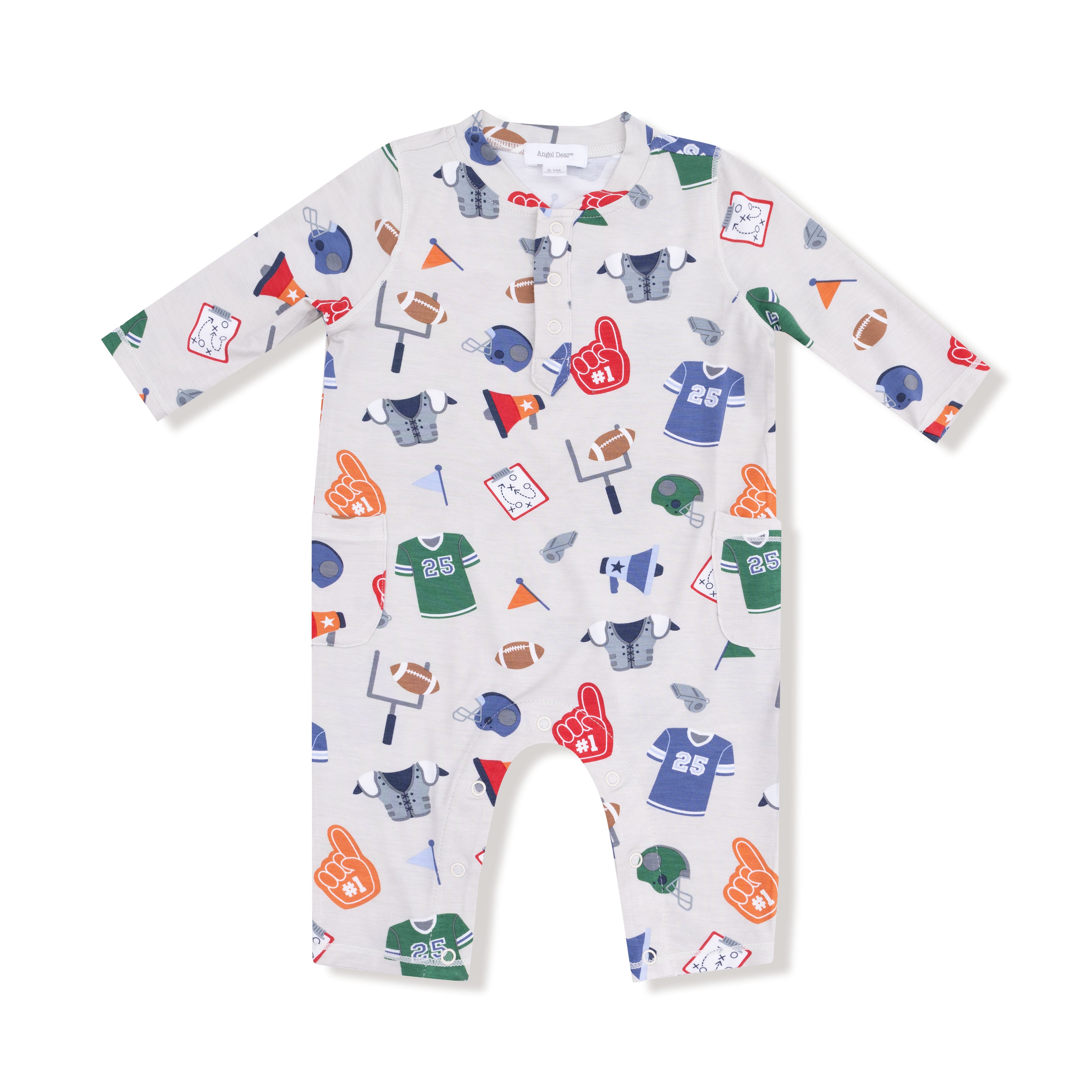 Uni Romper in our  Game Day - Grey print from Angel Dear