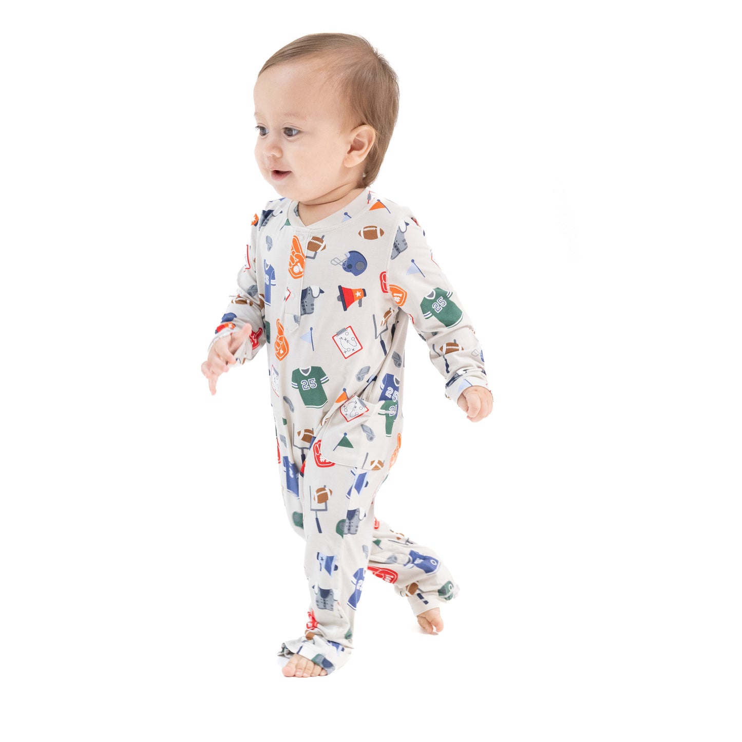 Uni Romper in our  Game Day - Grey print from Angel Dear