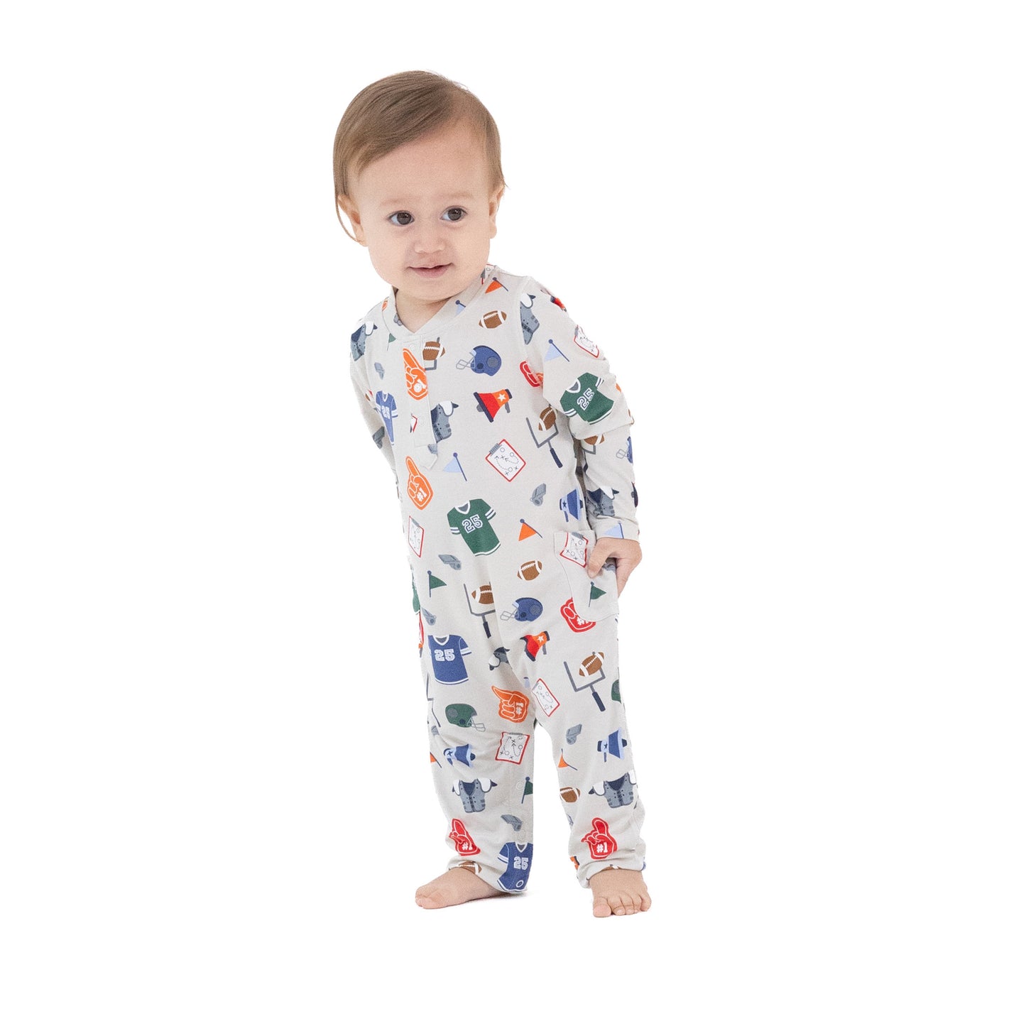 Uni Romper in our  Game Day - Grey print from Angel Dear