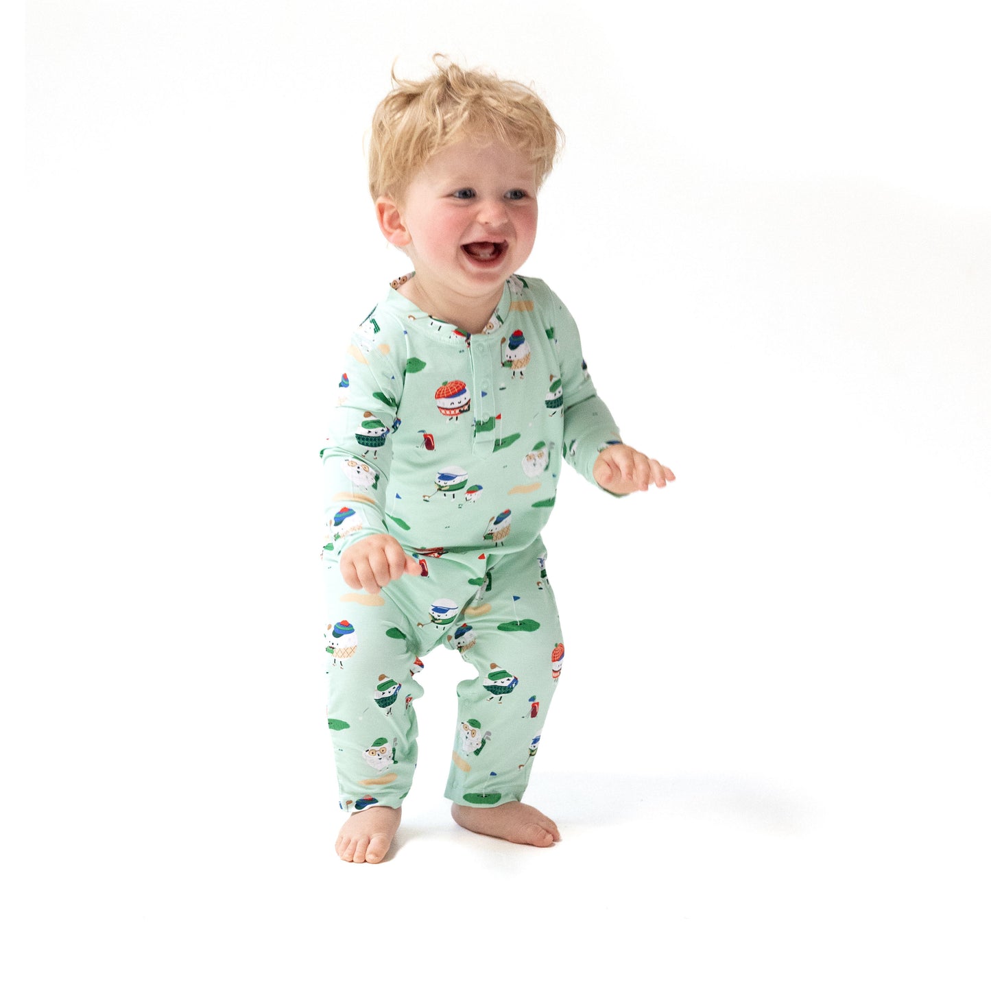 Uni Romper in our  Golf Pros - Green print from Angel Dear