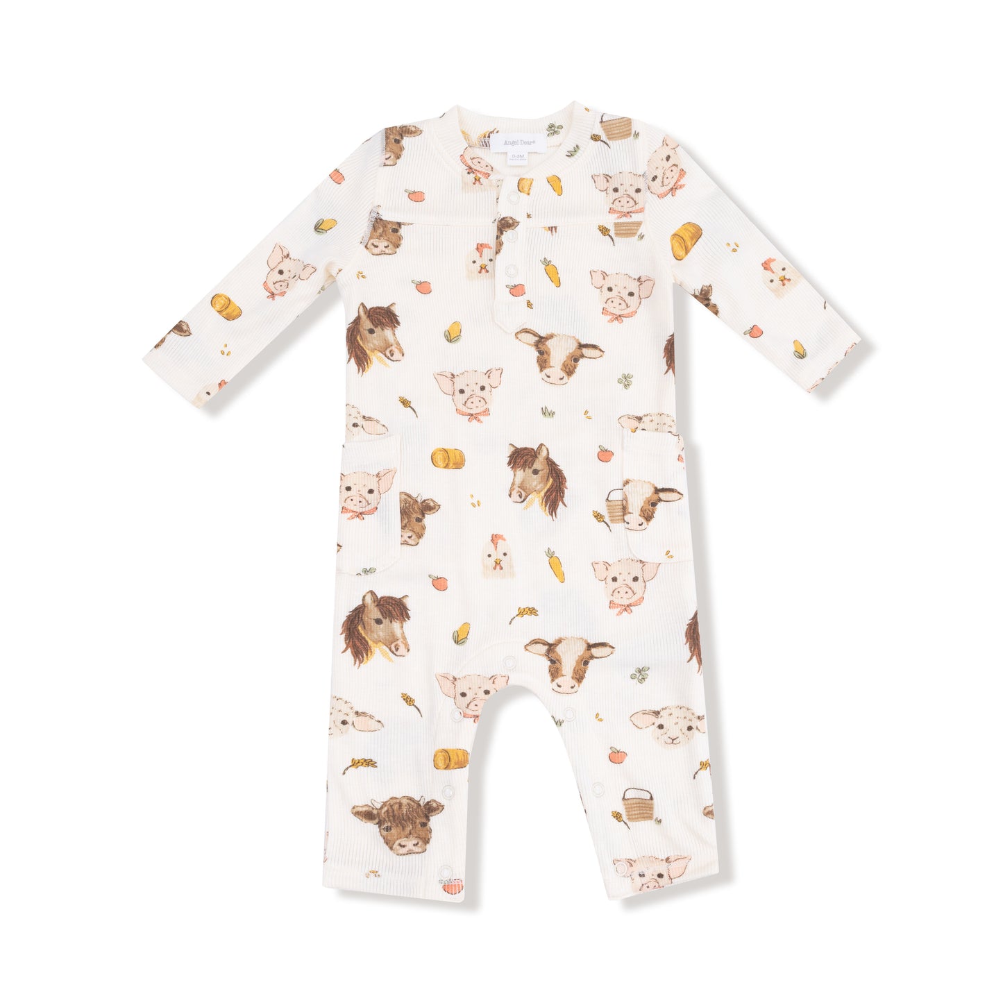 Uni Romper in our  Vintage Baby Farm Animals print from Angel Dear
